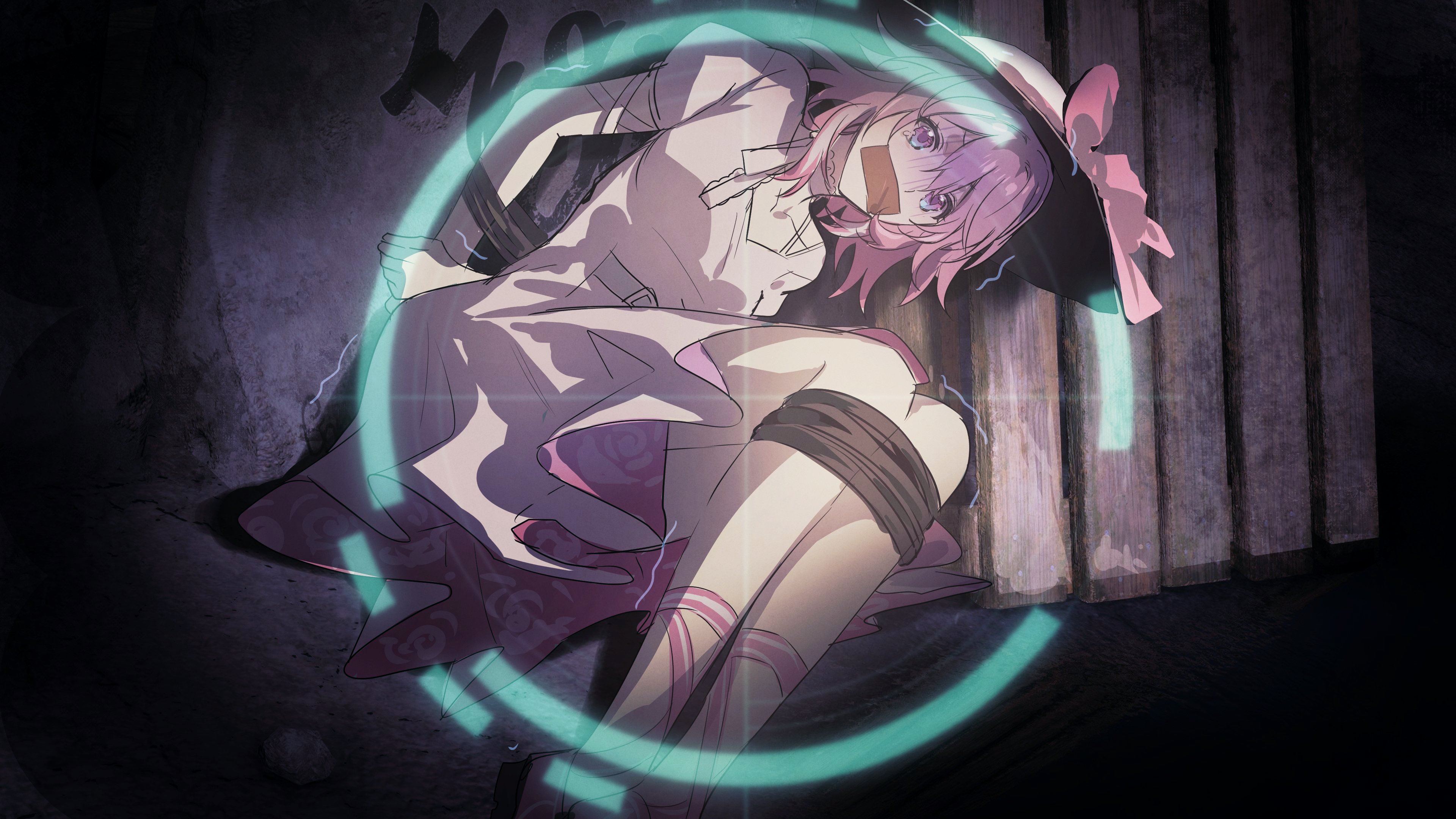 zassyoku dd, march 7th (honkai: star rail), honkai: star rail, honkai (series), absurdres, highres, 1girl, arms behind back, blue eyes, bound, bound legs, bound wrists, collarbone, crosshair, dress, gag, gagged, improvised gag, looking at viewer, multicolored eyes, pink hair, puffy short sleeves, puffy sleeves, purple eyes, short hair, short sleeves, solo, tape, tape gag, tied up (nonsexual), two-tone eyes, white dress