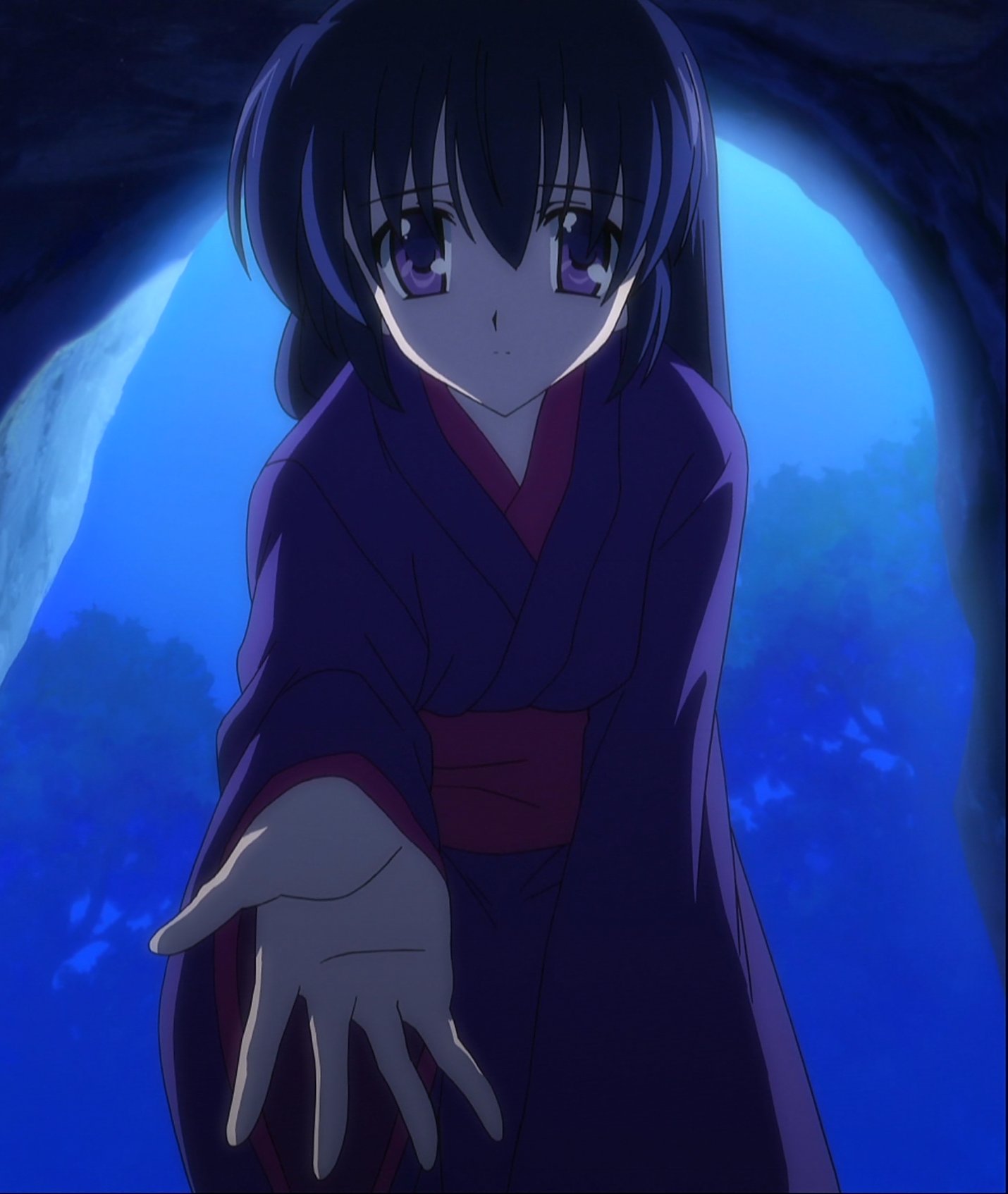 shihou matsuri, sola, anime screenshot, highres, stitched, third-party edit, 00s, japanese clothes, kimono, night, purple eyes, purple hair, solo