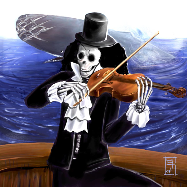brook (one piece), laboon, one piece, 1boy, afro, animal, ascot, black hair, creature, formal clothes, hat, holding, instrument, long hair, long sleeves, male focus, music, no humans, outdoors, playing instrument, realistic, scar, ship, skeleton, solo, standing, suit, top hat, violin, water, watercraft, whale