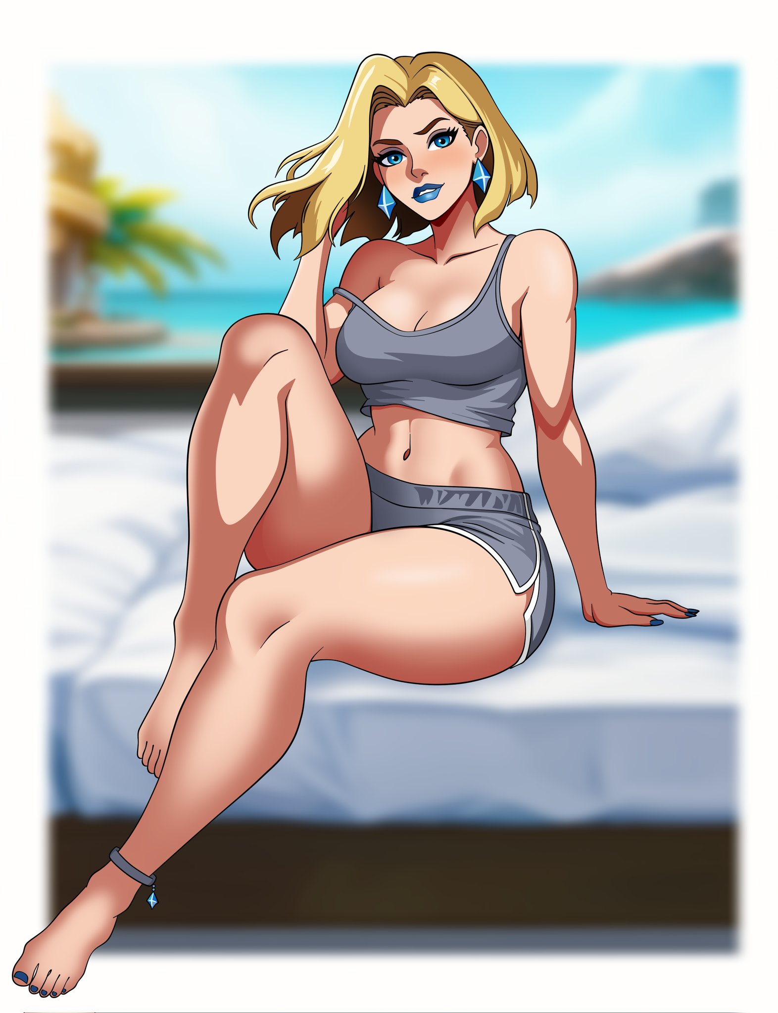 mcarthur1010, emma frost, marvel, marvel rivals, commentary, english commentary, highres, 1girl, bare shoulders, blonde hair, blue eyes, blue lips, blue nails, border, breasts, cleavage, crop top, diamond earrings, earrings, full body, grey shirt, grey shorts, grin, hand in own hair, jewelry, looking at viewer, medium breasts, midriff, navel, shirt, short hair, shorts, smile, solo, white border