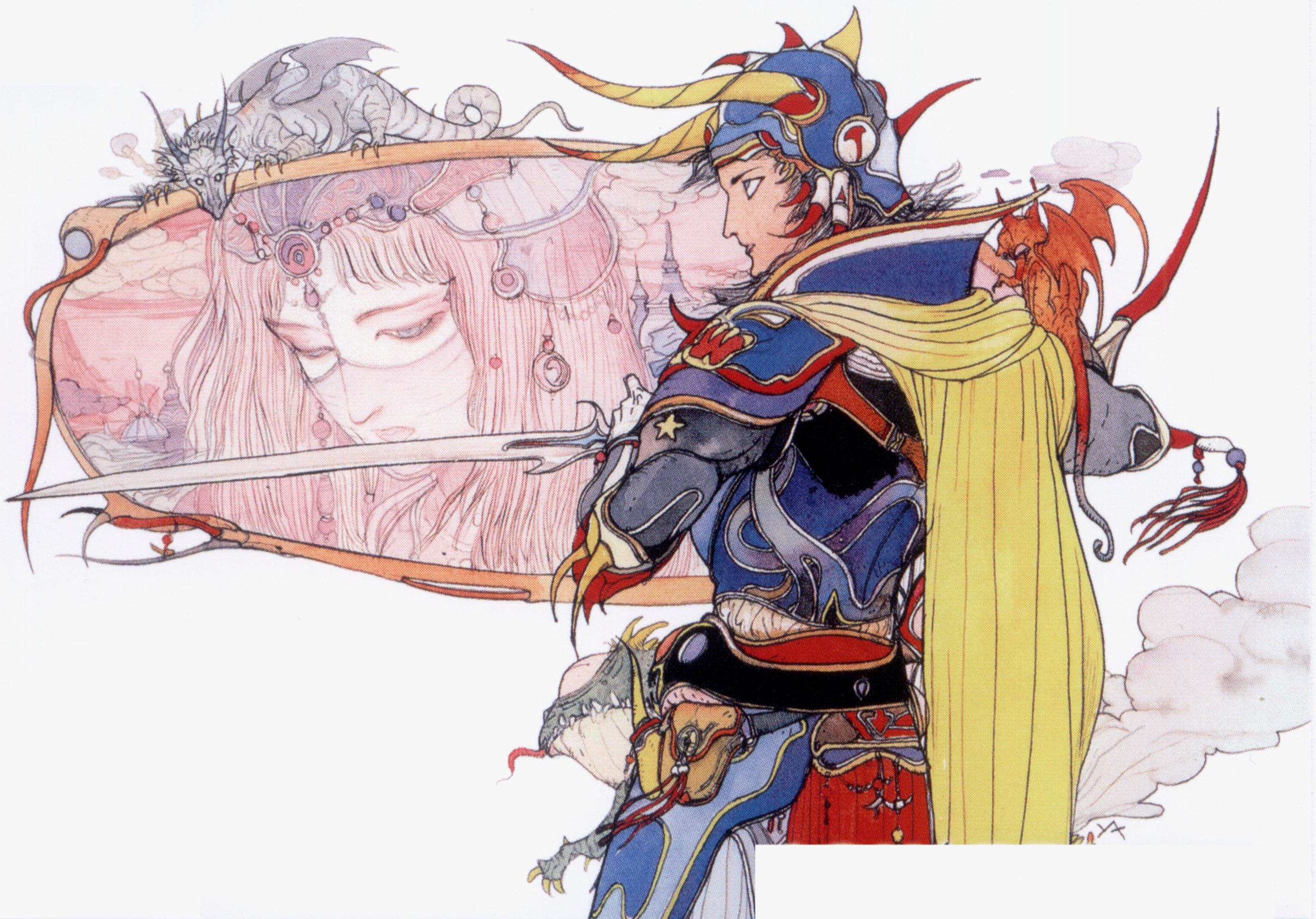 amano yoshitaka, sarah (ff1), warrior of light (ff1), final fantasy, final fantasy i, square enix, highres, official art, 1990s (style), 1boy, 1girl, armor, cape, dragon, helmet, horns, retro artstyle, sword, weapon