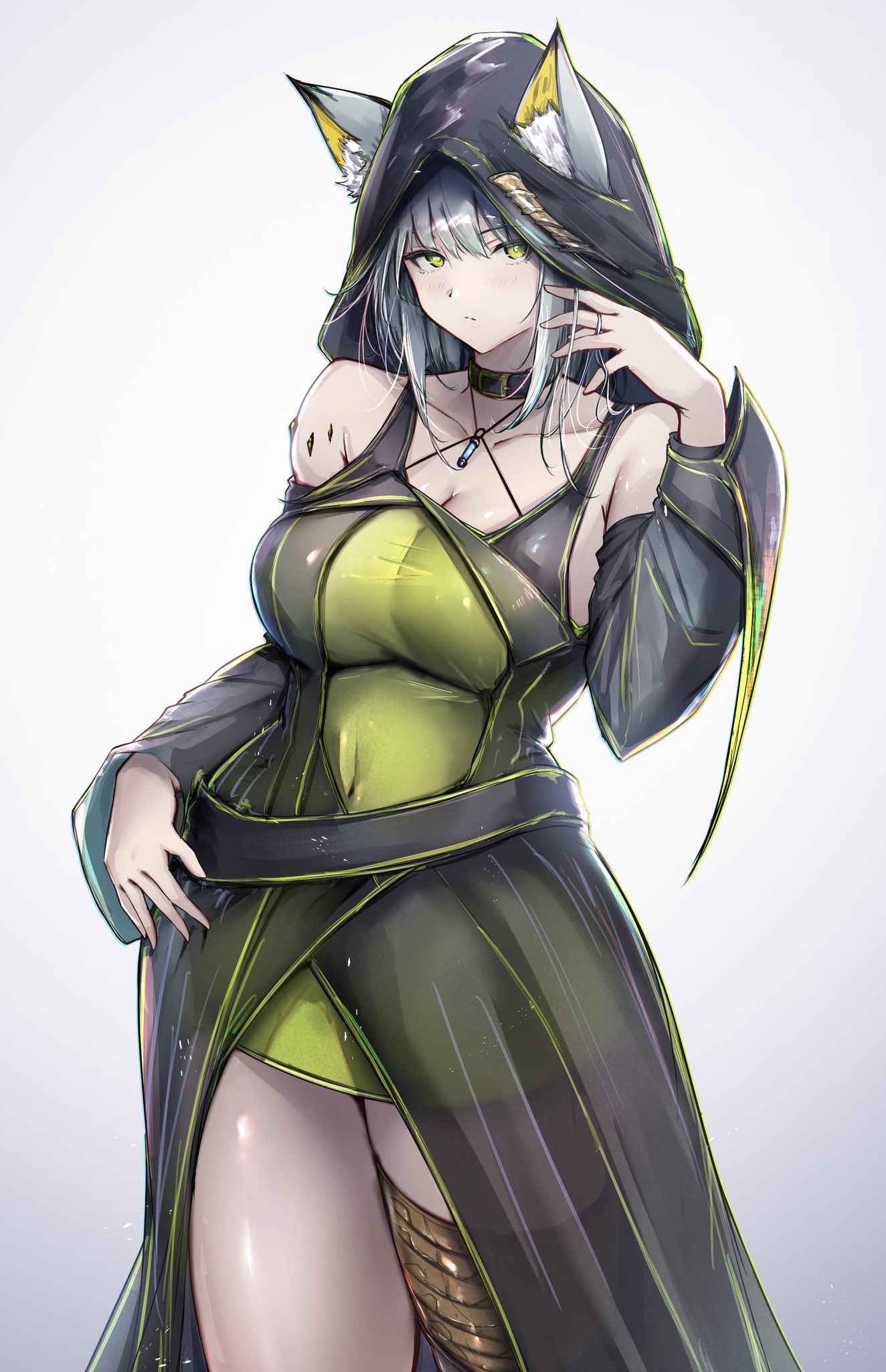 poni (poni arknights), kal'tsit (advisor) (arknights), kal'tsit (arknights), arknights, highres, 1girl, animal ear fluff, animal ears, bare shoulders, black dress, breasts, cleavage, closed mouth, collarbone, covered navel, cowboy shot, dress, ears through hood, green dress, green eyes, grey background, grey hair, hair between eyes, hand in own hair, hand on own hip, hand up, hood, hood up, hooded dress, large breasts, long sleeves, looking at viewer, material growth, oripathy lesion (arknights), short hair, solo, standing