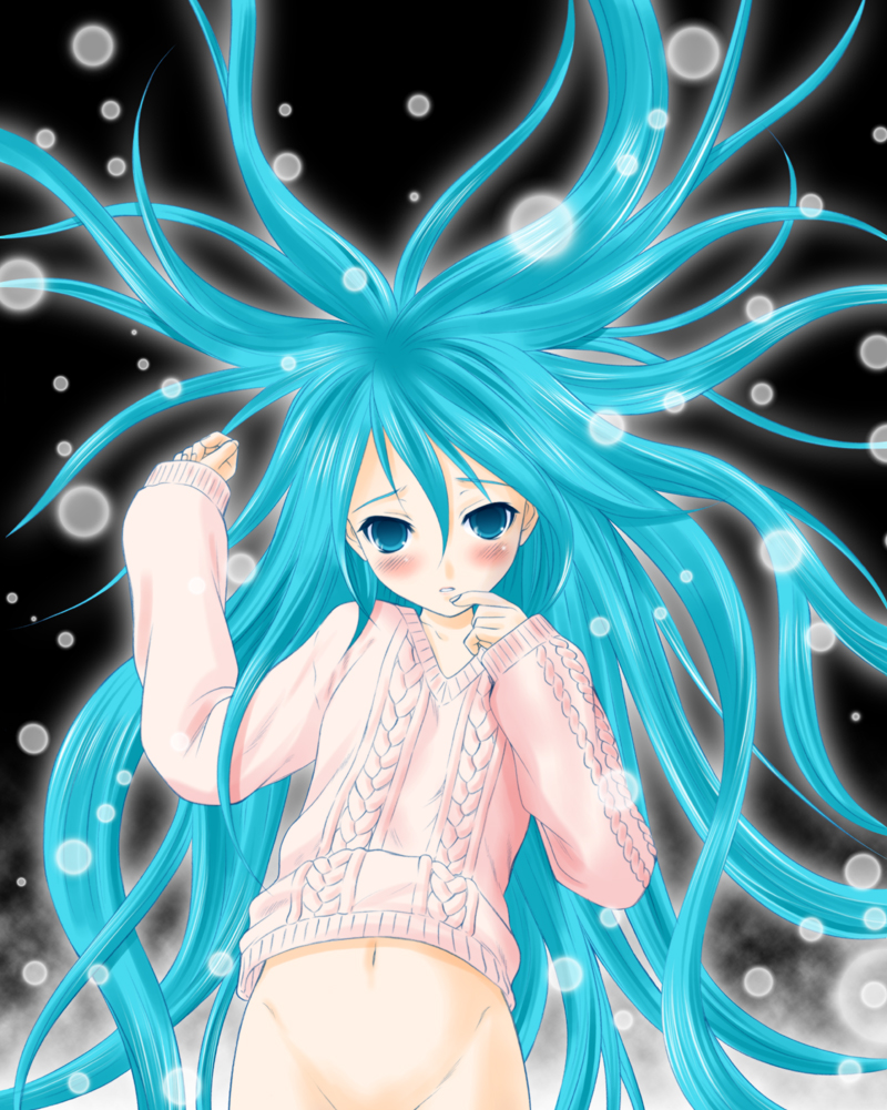 takeshita kenjirou, hatsune miku, vocaloid, bad id, bad pixiv id, aqua hair, blue eyes, blush, bottomless, long hair, navel, solo, sweater