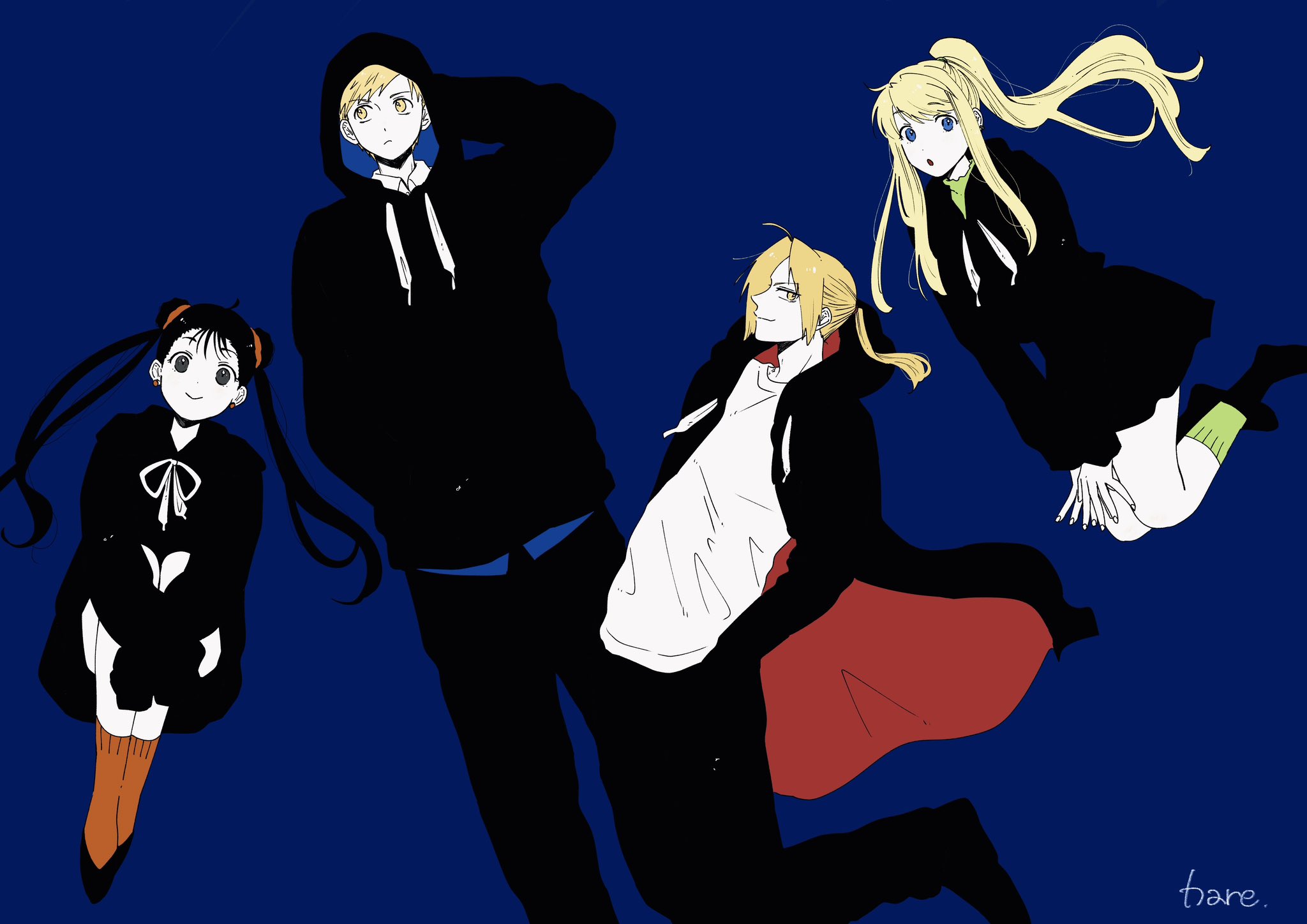 hare87073434281, alphonse elric, edward elric, may chang, winry rockbell, fullmetal alchemist, highres, 2boys, 2girls, ahoge, arm behind head, artist name, black hair, black hoodie, black jacket, black pants, black shoes, black skirt, blonde hair, blue background, blue eyes, blue shirt, braid, collared shirt, double bun, feet out of frame, full body, green shirt, green socks, grey eyes, hair bun, hood, hood up, hoodie, hugging own legs, jacket, long hair, multiple boys, multiple braids, multiple girls, neck ribbon, orange socks, pants, parted bangs, parted lips, ponytail, red jacket, ribbon, shirt, shirt under shirt, shoes, short hair, sidelocks, skirt, smile, socks, two-sided fabric, two-sided jacket, white ribbon, white shirt, yellow eyes