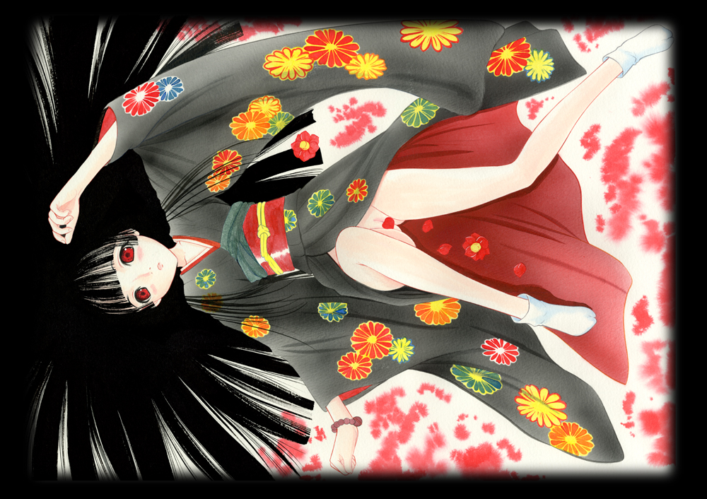 takeshita kenjirou, enma ai, jigoku shoujo, bad id, bad pixiv id, 00s, 1girl, black hair, blunt bangs, censored, convenient censoring, female focus, flower, hime cut, japanese clothes, kimono, long hair, lying, no panties, petals, pussy, red eyes, solo, tabi