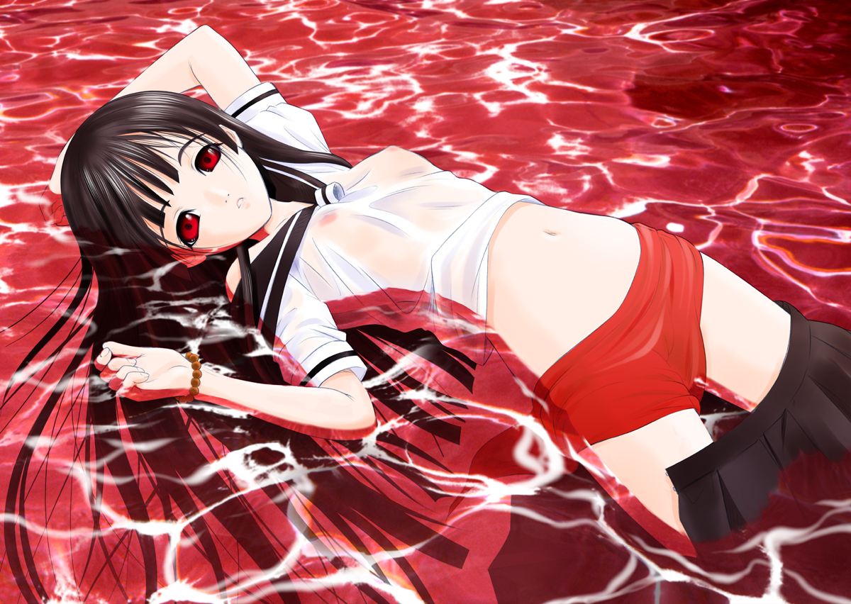 takeshita kenjirou, enma ai, jigoku shoujo, bad id, bad pixiv id, 00s, 1girl, afloat, black hair, blunt bangs, breasts, female focus, floating, hime cut, long hair, nipples, pussy, red eyes, school uniform, see-through clothes, serafuku, small breasts, solo, water