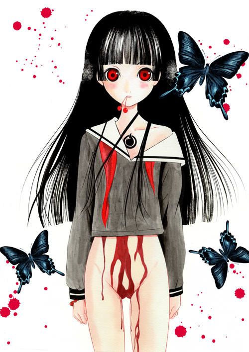 takeshita kenjirou, enma ai, jigoku shoujo, bad id, bad pixiv id, 00s, 1girl, black hair, black serafuku, blood, blunt bangs, bottomless, bug, butterfly, cherry, female focus, food, fruit, hime cut, insect, long hair, mouth hold, pussy, red eyes, school uniform, serafuku, solo, standing, white background
