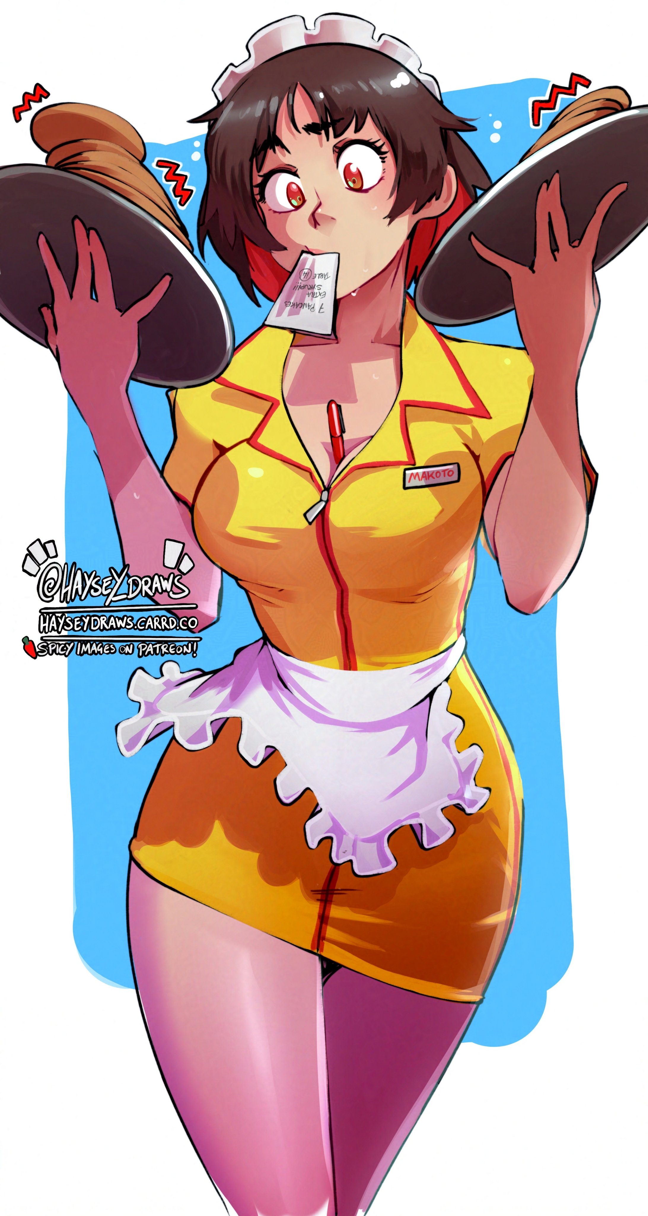 haysey, niijima makoto, persona, persona 5, absurdres, commentary, english commentary, highres, 1girl, apron, artist name, between breasts, breasts, brown hair, cleavage, dress, food, holding, holding plate, medium breasts, mouth hold, pancake, plate, red hair, short hair, solo, twitter username, waitress, white apron, yellow dress