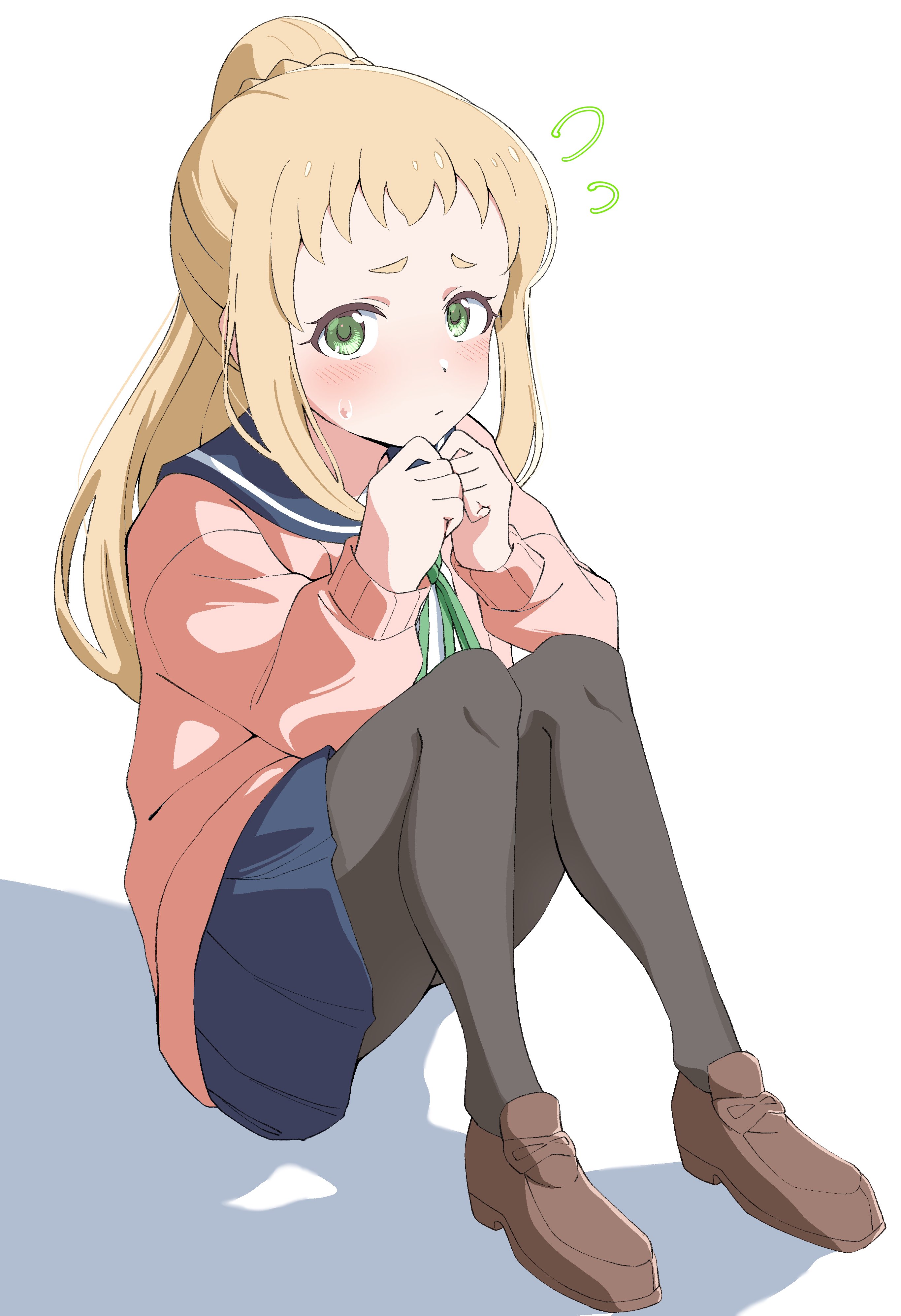 crust gm0, inose mai, koisuru asteroid, 1girl, black pantyhose, blonde hair, blue sailor collar, blue skirt, blush, closed mouth, dot nose, female focus, full body, green eyes, long hair, long sleeves, looking at viewer, pantyhose, pink sweater, ponytail, ribbon, sailor collar, school uniform, serafuku, shadow, shirt, shoes, sitting, skirt, solo, sweatdrop, sweater, white shirt