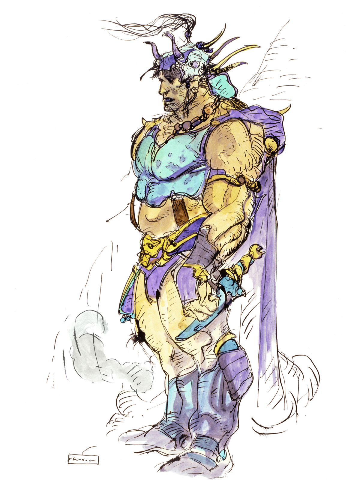 amano yoshitaka, guy (ff2), final fantasy, final fantasy ii, 1980s (style), highres, 1boy, arm at side, armor, armored boots, belt, black eyes, boots, breastplate, cape, closed mouth, dark-skinned male, dark skin, expressionless, full body, horns, knee boots, legs together, male focus, muscular, oldschool, retro artstyle, sheath, simple background, sketch, smoke, solo, standing, white background