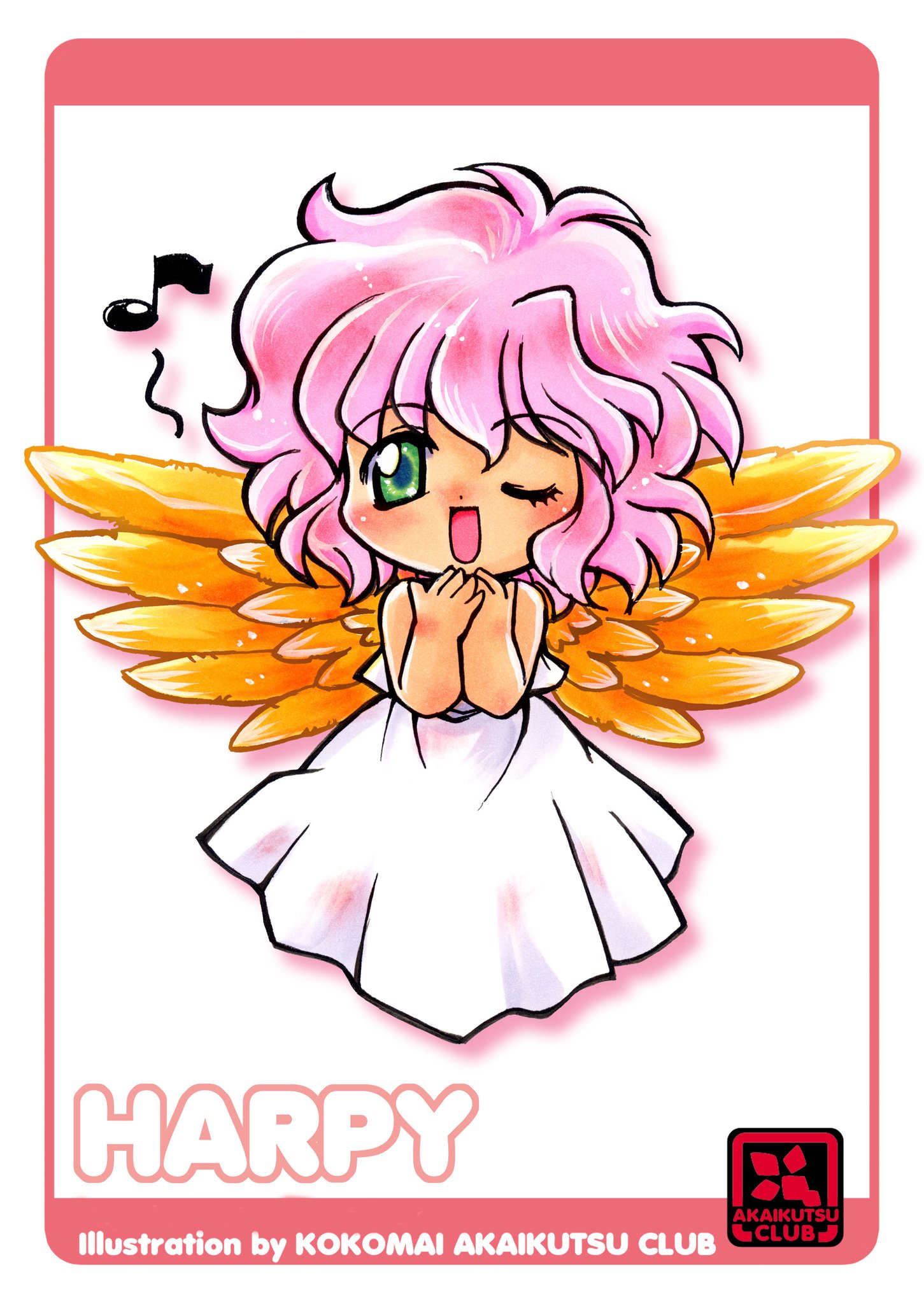 kokomahi, harpy (puyopuyo), puyopuyo, commentary request, highres, 1girl, character name, chibi, chibi only, circle name, dress, eighth note, feathered wings, flying, full body, golden wings, green eyes, hands up, long dress, medium hair, music, musical note, one eye closed, open mouth, pink hair, singing, smile, solo, spread wings, white dress, wings