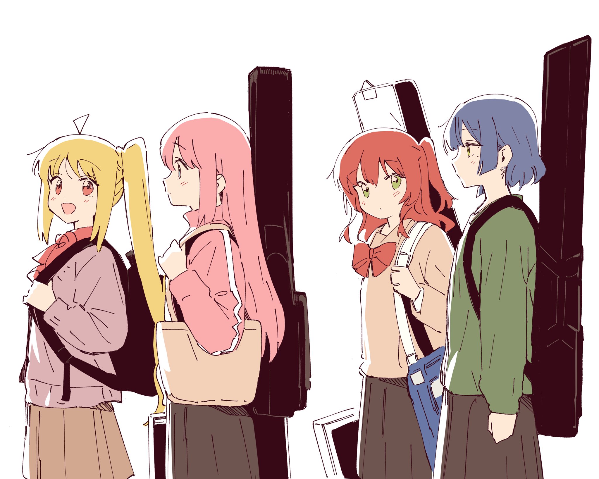 polo tokki, gotoh hitori, ijichi nijika, kita ikuyo, yamada ryo, bocchi the rock!, highres, 4girls, ahoge, bag, black bag, black skirt, blonde hair, blue hair, blush, bow, bowtie, brown bag, brown skirt, closed mouth, collared shirt, dot mouth, green eyes, guitar, instrument, instrument case, instrument case on back, instrument on back, jacket, long hair, long sleeves, looking at another, mole, mole under eye, multiple girls, open mouth, pink hair, pink jacket, pleated skirt, red bow, red bowtie, red eyes, red hair, shirt, short hair, shoulder bag, side ponytail, sidelocks, skirt, smile, track jacket, walking, white background, white shirt, yellow eyes