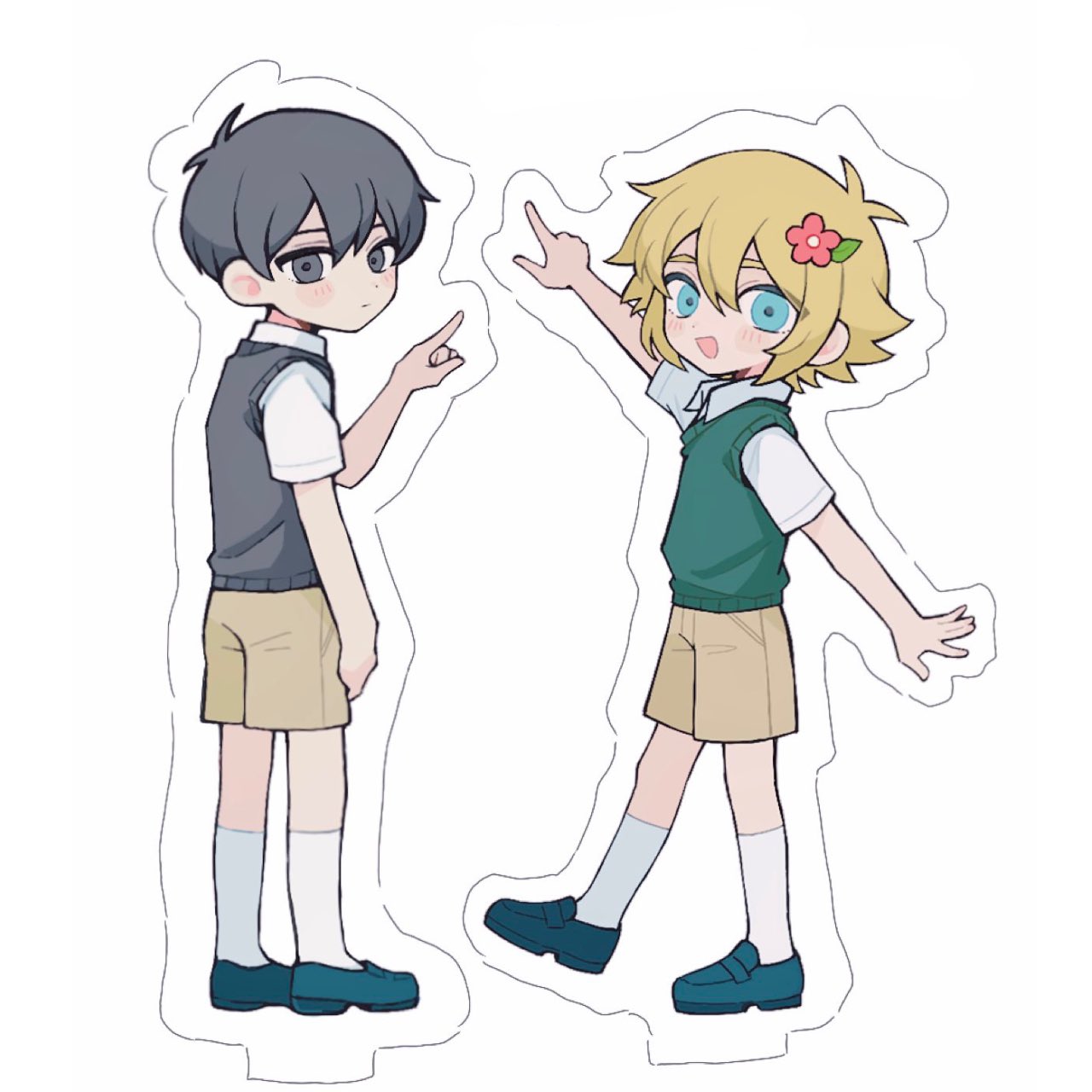 sebon (sebochin), basil (faraway) (omori), basil (omori), sunny (omori), omori, commentary request, highres, 2boys, :d, ||/, antenna hair, aqua eyes, black eyes, black hair, black sweater vest, blonde hair, blue shoes, blush, brown shorts, closed mouth, collared shirt, double-parted bangs, expressionless, flower, full body, green sweater vest, hair between eyes, hair flower, hair ornament, kneehighs, leaf, loafers, male focus, multiple boys, open mouth, outline, pointing, pointing forward, pointing up, red flower, shirt, shoes, short hair, short sleeves, shorts, simple background, smile, socks, standing, standing on one leg, sweater vest, very short hair, white background, white outline, white shirt, white socks
