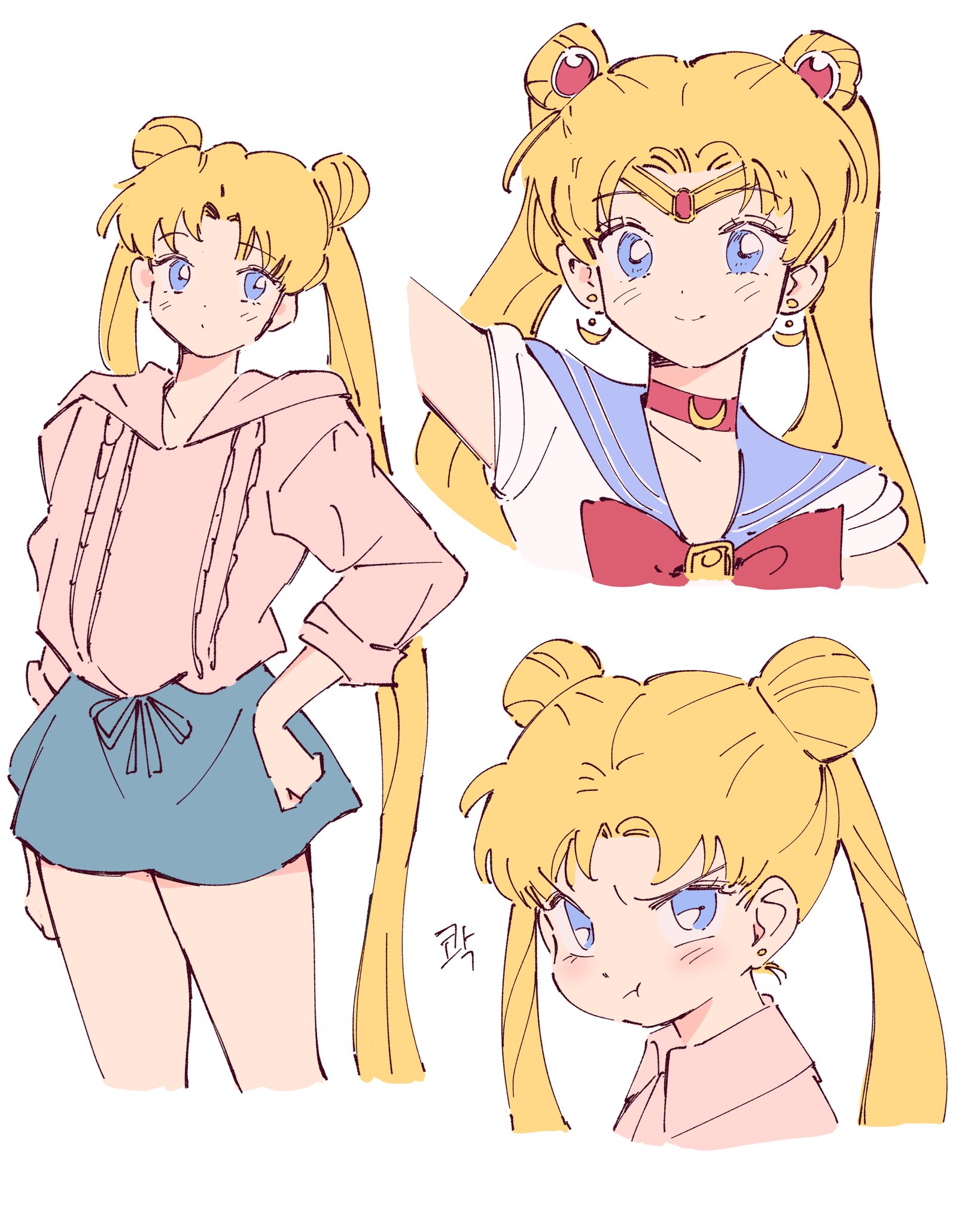 polo tokki, sailor moon, tsukino usagi, bishoujo senshi sailor moon, highres, 1girl, blue eyes, blue sailor collar, blue skirt, blush, bow, bowtie, choker, closed mouth, collared shirt, cowboy shot, crescent, crescent choker, crescent earrings, double bun, earrings, furrowed brow, gem, hair bun, hand on own hip, hood, hood down, hoodie, jewelry, long hair, long sleeves, looking at viewer, miniskirt, multiple views, parted bangs, pink hoodie, pink shirt, pout, red bow, red bowtie, red choker, red gemstone, sailor collar, sailor senshi uniform, shirt, short sleeves, skirt, smile, stud earrings, tiara, twintails, upper body, very long hair, white background, white shirt
