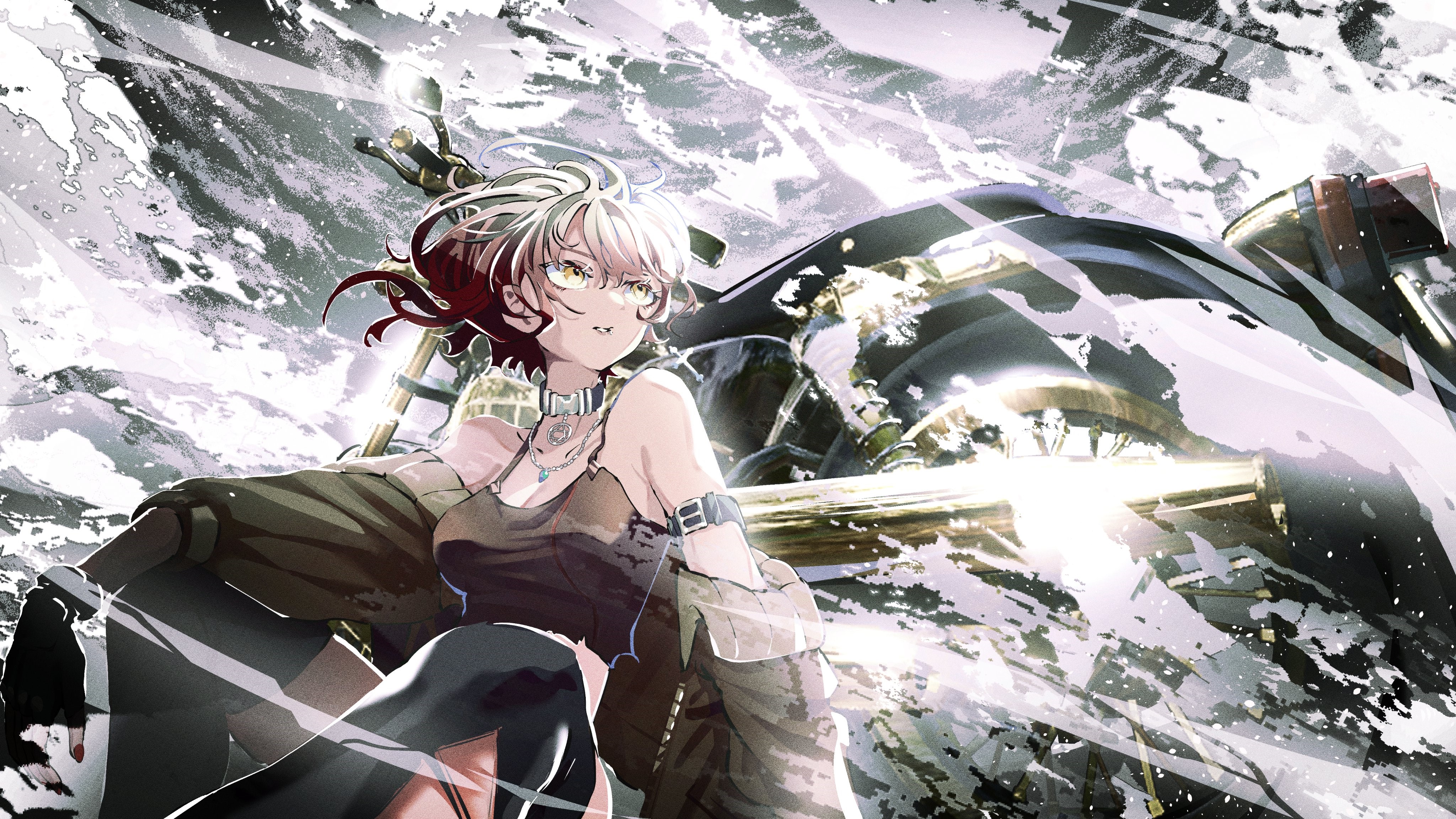 erimaki (erimaki2340061), savii (vtuber), indie virtual youtuber, absurdres, commentary, commission, english commentary, highres, mixed-language commentary, skeb commission, 1girl, breasts, cleavage, face piercing, floating hair, gradient hair, jewelry, lip piercing, motor vehicle, motorcycle, multicolored hair, necklace, off shoulder, parted lips, piercing, red nails, ringing artifacts, short hair, solo, virtual youtuber, water, yellow eyes