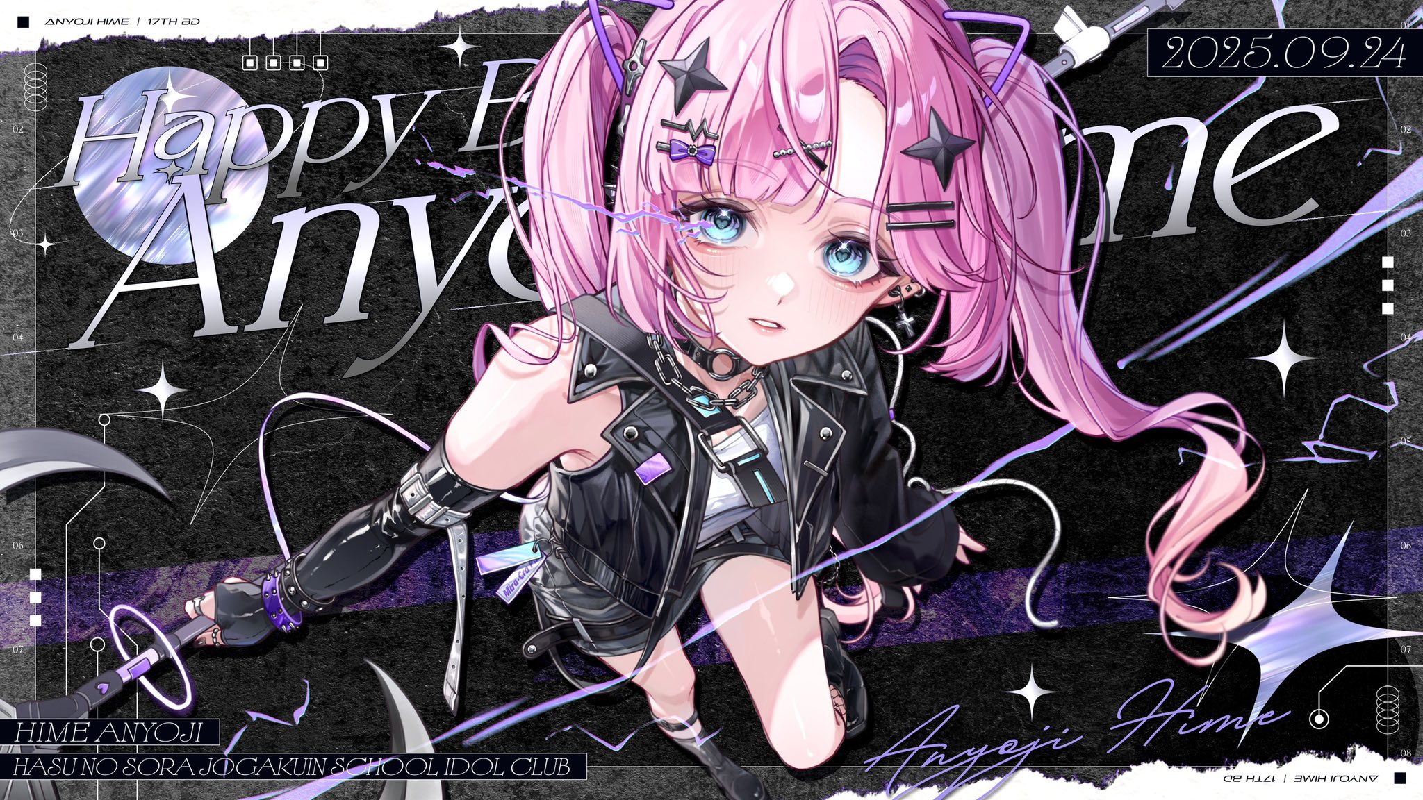 nin (niyuu mo9), anyoji hime, link! like! love live!, love live!, commentary request, highres, 1girl, alternate costume, bare shoulders, black background, black gloves, black jacket, black skirt, blonde hair, blue eyes, breasts, character age, character name, cleavage, dated, elbow gloves, fingerless gloves, gloves, gradient hair, hair ornament, hairclip, happy birthday, jacket, looking at viewer, medium breasts, miniskirt, multicolored hair, parallel hairclips, parted lips, pink hair, shirt, skirt, sleeveless, sleeveless jacket, sleeveless shirt, solo, sparkle hair ornament, twintails, virtual youtuber, white shirt, x hair ornament