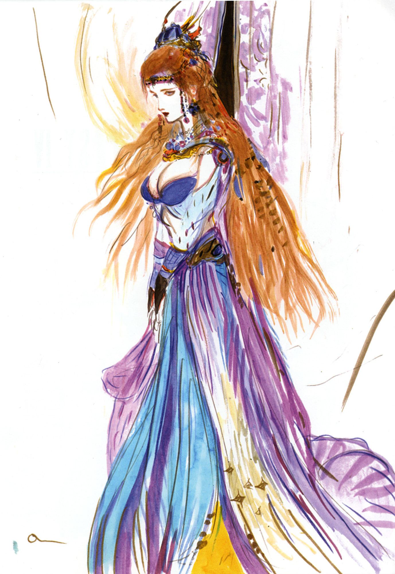 amano yoshitaka, sara altney, final fantasy, final fantasy iii, highres, official art, 1990s (style), 1girl, blonde hair, breasts, cleavage, dress, female focus, jewelry, large breasts, retro artstyle, solo