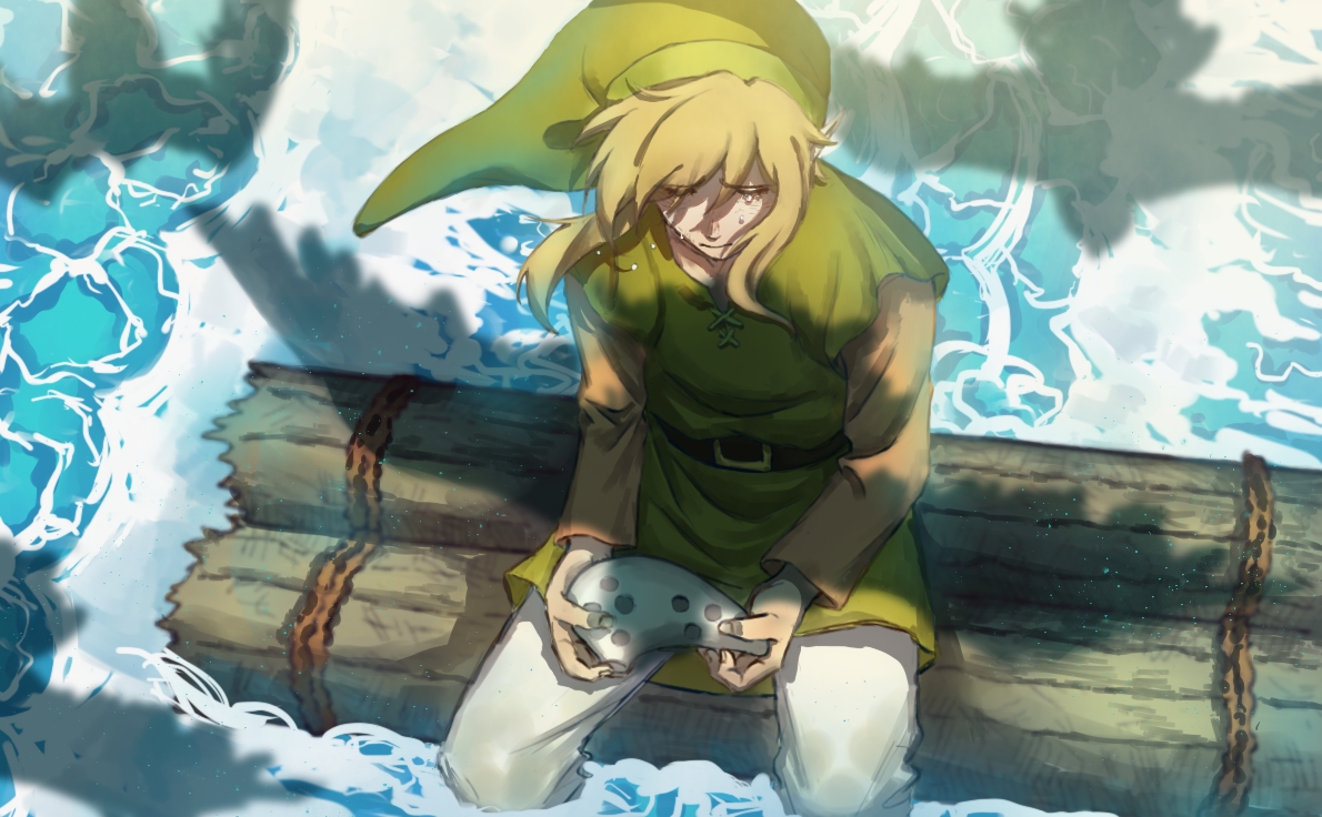 link, nintendo, the legend of zelda, the legend of zelda: link's awakening, commentary, english commentary, 1boy, belt, bird, brown sleeves, closed eyes, crying, green hat, green tunic, hat, holding ocarina, male focus, medium hair, ocean, pants, seagull, shadow, sitting, sleeveless tunic, solo, tears, tunic, water, white pants, wooden board, zuomu9