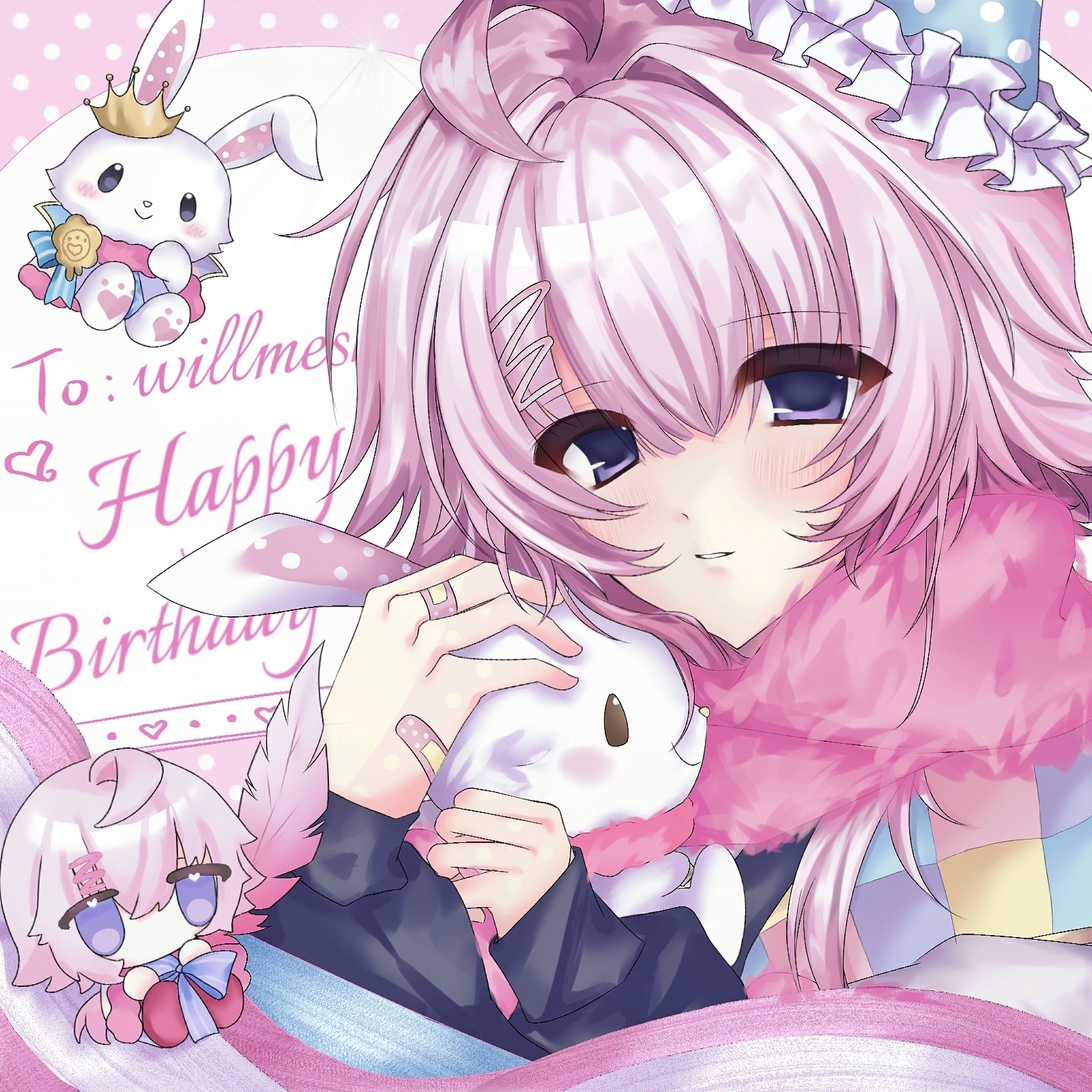 willmesh (fragaria memories), fragaria memories, highres, 1boy, 2000s (style), ahoge, bandaid, bandaid on hand, blush, chibi, chibi inset, dotted background, faux retro artstyle, hair between eyes, hair ornament, hairpin, happy birthday, hat, holding, holding stuffed toy, long sleeves, looking at viewer, multicolored hair, parted lips, party hat, pink hair, pink scarf, purple eyes, ribbon, scarf, short hair, sidelocks, smile, solo, stuffed animal, stuffed toy, upper body, wish me mell, xinjinjumin176616014341