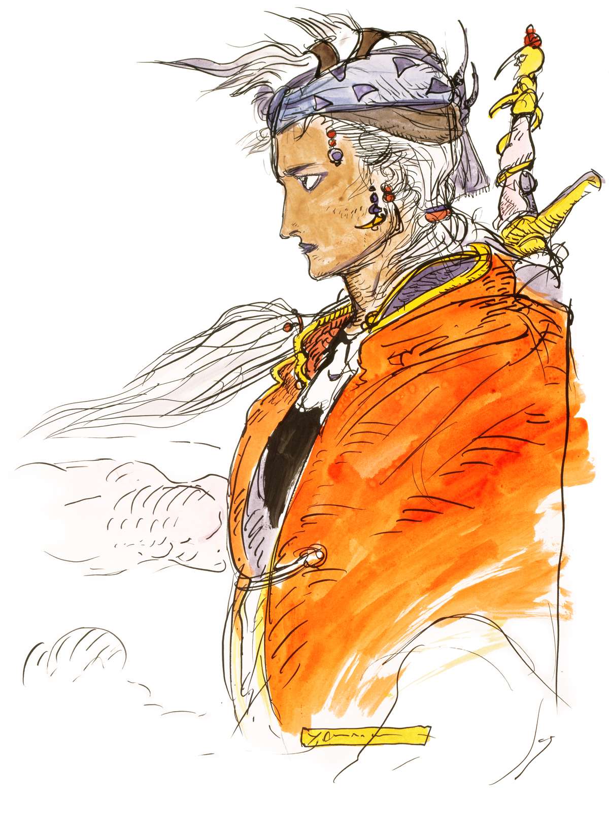 amano yoshitaka, firion, final fantasy, final fantasy ii, 1980s (style), highres, official art, 1990s (style), 1boy, male focus, oldschool, retro artstyle, solo, sword, weapon, white background