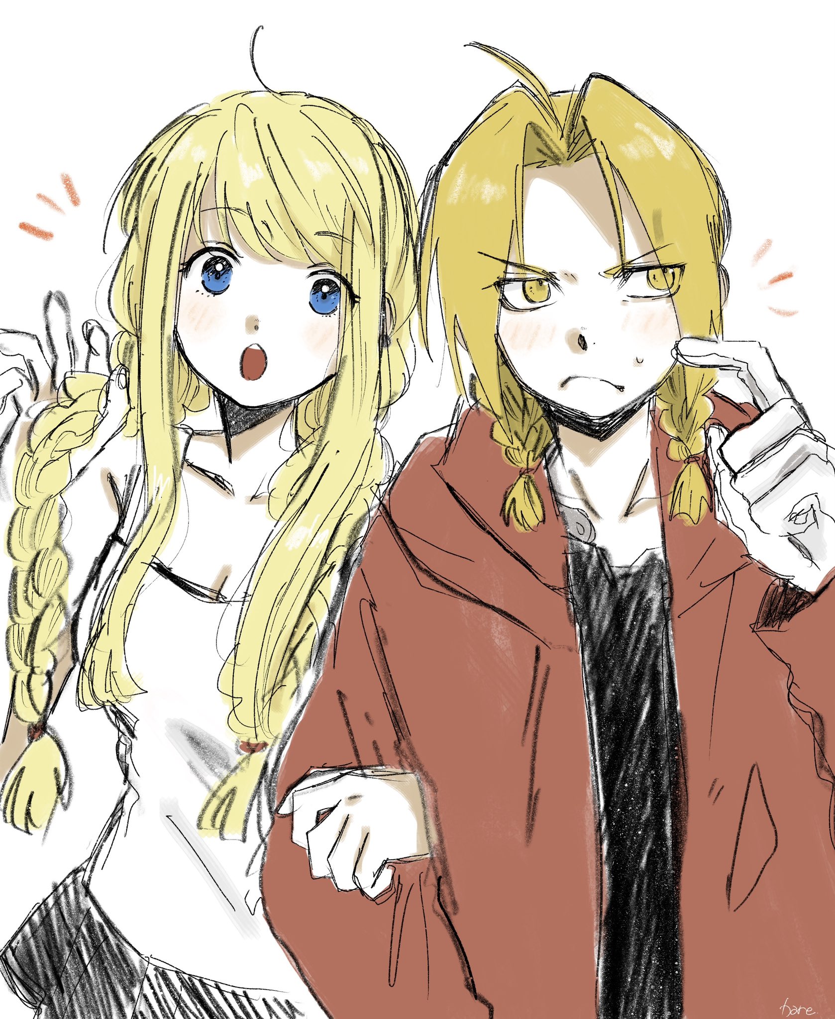 hare87073434281, edward elric, winry rockbell, fullmetal alchemist, highres, 1boy, 1girl, ahoge, bare shoulders, black shirt, black skirt, blonde hair, blue eyes, blush, braid, breasts, cleavage, coat, finger to cheek, frown, furrowed brow, gloves, hand in own hair, holding another's arm, long hair, medium breasts, medium hair, open mouth, parted bangs, red coat, shirt, sidelocks, single braid, sketch, skirt, sleeveless, sleeveless shirt, sweatdrop, twin braids, upper body, white background, white gloves, white shirt, yellow eyes