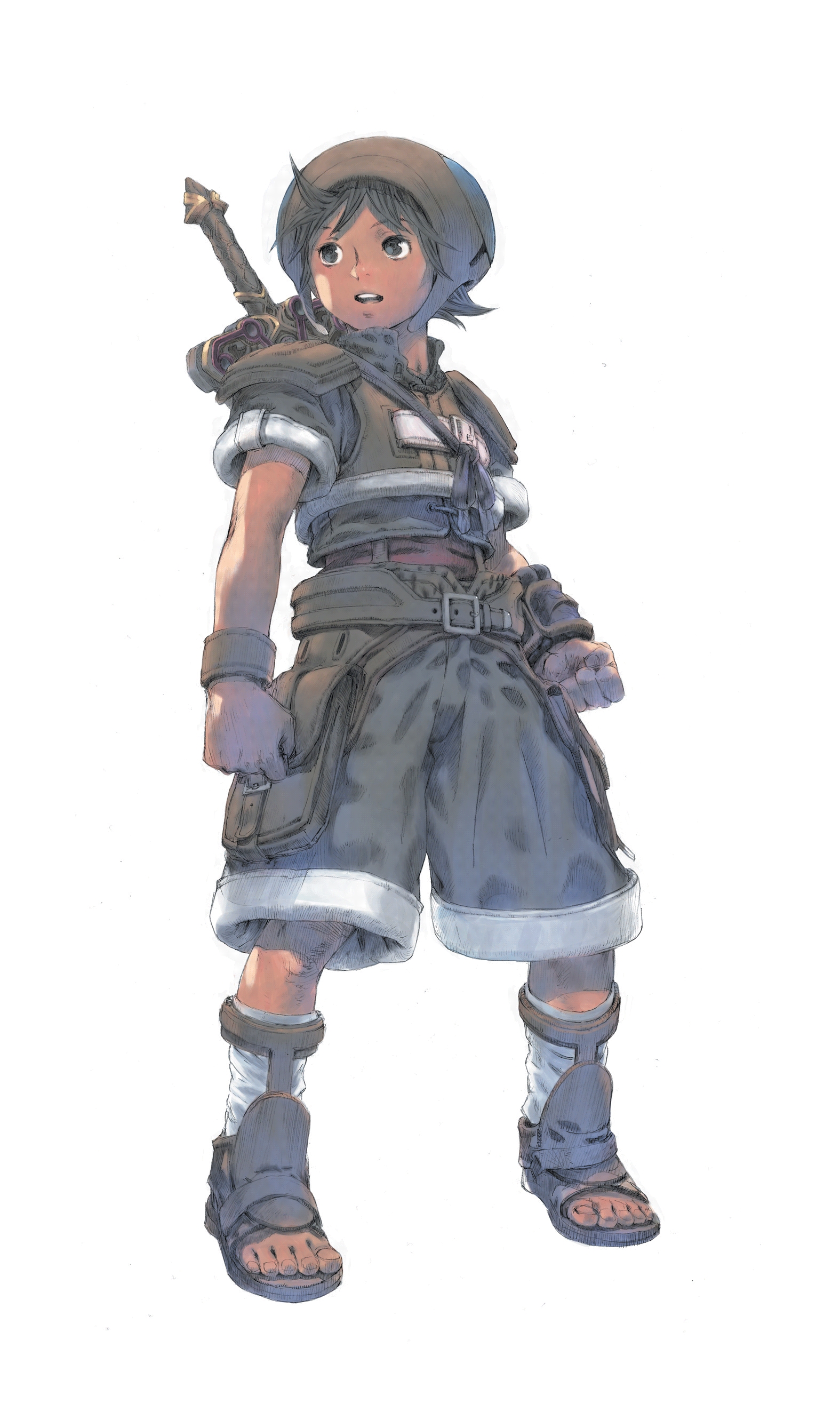 yasuda akira, tatsuya, brave story, brave story: aratanaru tabibito, absurdres, highres, official art, 1boy, belt, belt pouch, black eyes, black hair, clenched hand, clenched hands, crop top, feet, hat, male focus, open mouth, pouch, sandals, shorts, simple background, socks, solo, sword, weapon, wristband