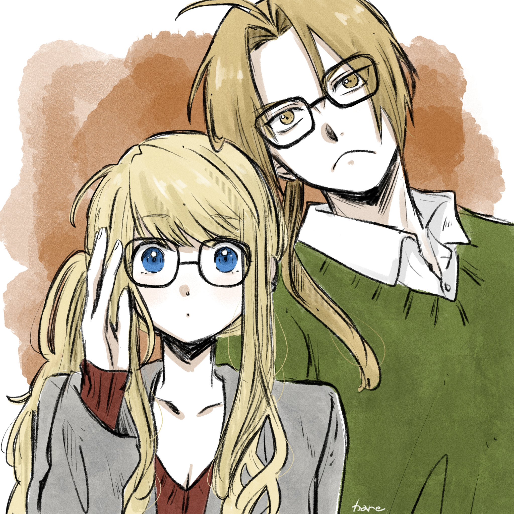 hare87073434281, edward elric, winry rockbell, fullmetal alchemist, highres, 1boy, 1girl, adjusting eyewear, ahoge, alternate costume, artist name, blonde hair, blue eyes, border, breasts, brown background, brown sweater, cleavage, closed mouth, collared shirt, dot mouth, frown, glasses, green sweater, grey jacket, jacket, long hair, looking at viewer, medium breasts, parted bangs, shirt, shirt under sweater, side ponytail, sidelocks, sweater, upper body, white border, white shirt, yellow eyes