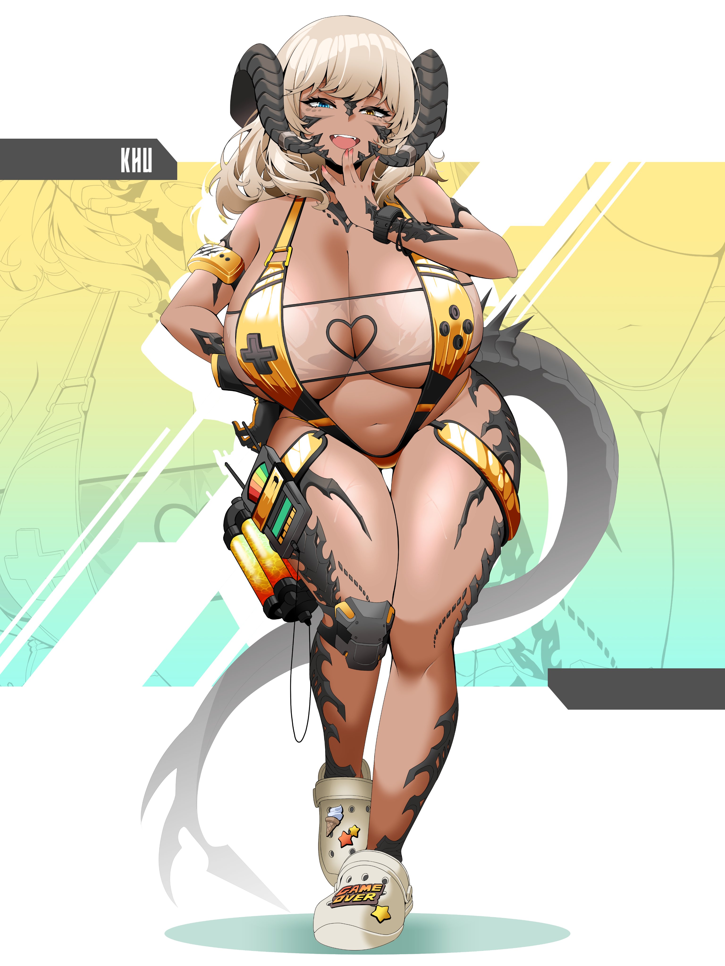 saltnvalk, elegg (boom and shock) (nikke), elegg (nikke), goddess of victory: nikke, original, absurdres, commission, hashtag-only commentary, highres, vgen commission, 1girl, blonde hair, blue eyes, breasts, cleavage, clothing cutout, cosplay, crocs, dark-skinned female, dark skin, elegg (nikke) (cosplay), full body, green background, hand to own mouth, hand up, heart cutout, heterochromia, horns, huge breasts, looking at viewer, medium hair, open mouth, see-through slingshot swimsuit, shoes, slingshot swimsuit, smile, solo, swept bangs, swimsuit, tail, thigh gap, walking, white shoes, yellow eyes, yellow slingshot swimsuit