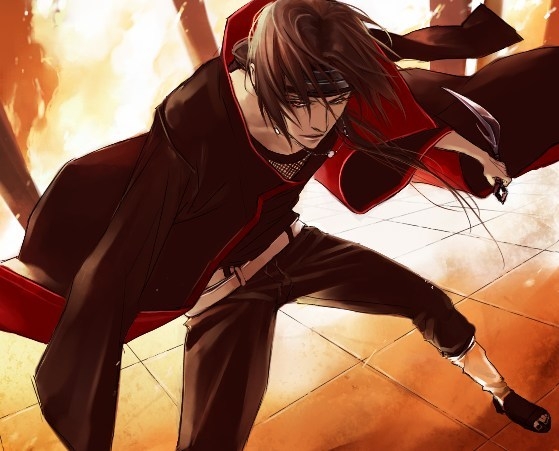 lily (artist), uchiha itachi, naruto (classic), naruto (series), 1boy, belt, black hair, fire, foreshortening, from behind, full body, headband, jacket, legs apart, long hair, long sleeves, male focus, open clothes, open jacket, shoes, solo, standing