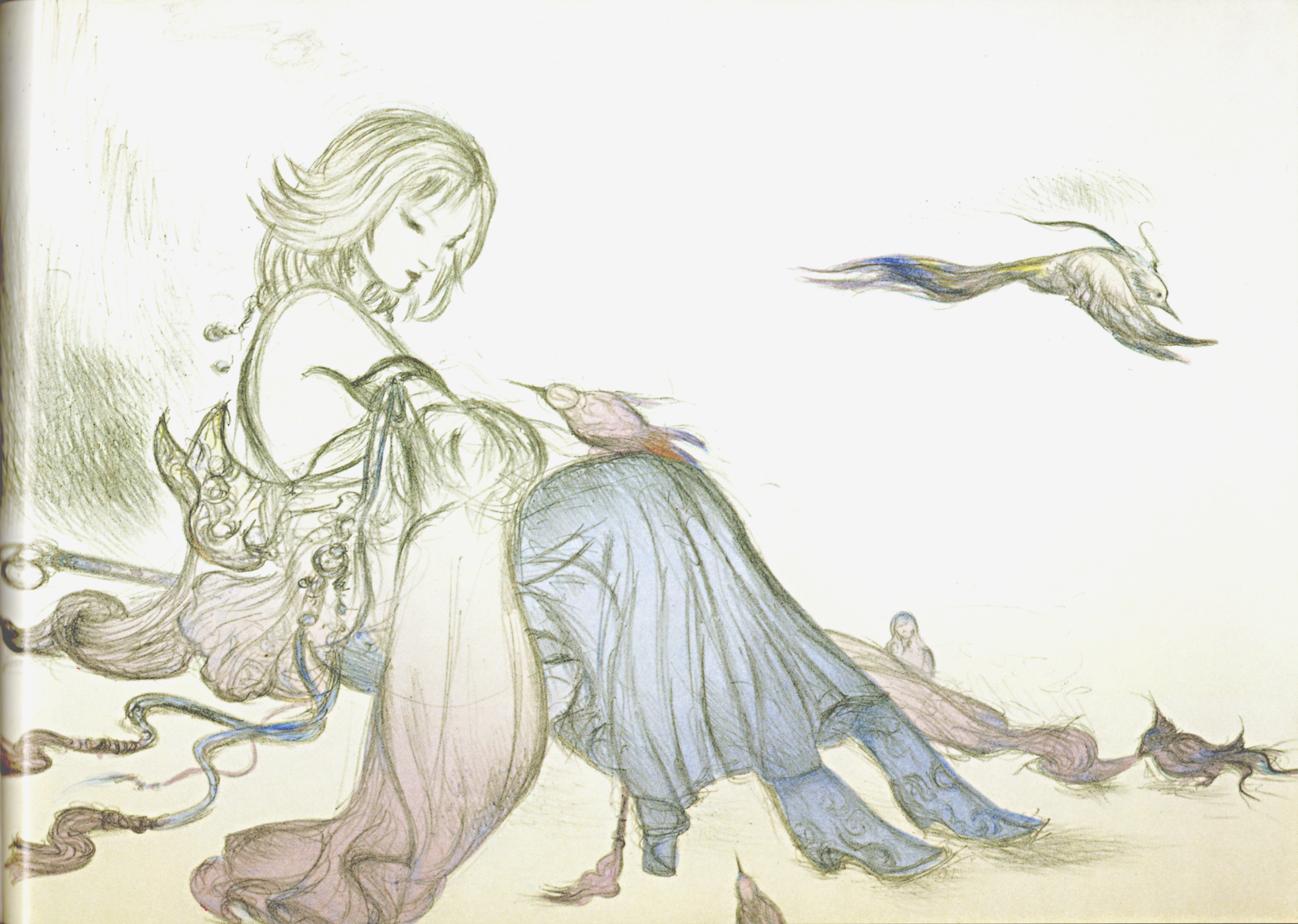 amano yoshitaka, yuna, yuna (ff10), final fantasy, final fantasy x, absurdres, artbook, highres, official art, scan, 00s, 1girl, crease, female focus, solo