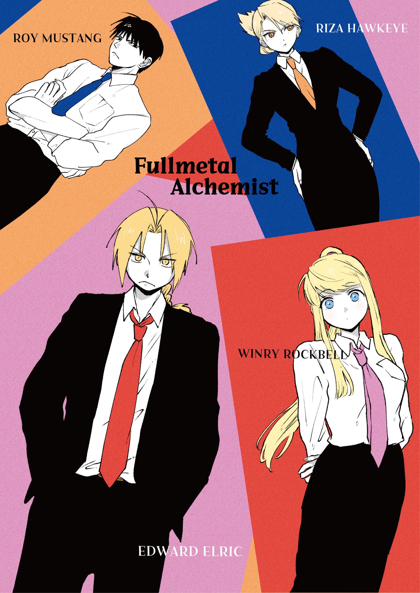 hare87073434281, fullmetal alchemist, highres, 2boys, 2girls, ahoge, arms behind back, black hair, black jacket, black pants, black suit, blonde hair, blue background, blue eyes, blue necktie, braid, breasts, character name, closed mouth, collared shirt, copyright name, crossed arms, dot mouth, formal clothes, frown, hair between eyes, hands in pockets, hands on own hips, jacket, long hair, medium breasts, multiple boys, multiple girls, necktie, orange background, orange necktie, pants, parted bangs, pink background, pink necktie, ponytail, red background, red necktie, shirt, short hair, sidelocks, single braid, sleeves rolled up, suit, suit jacket, updo, white shirt, yellow eyes