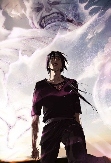 lily (artist), susano, uchiha itachi, naruto (classic), naruto (series), 1boy, black hair, long hair, looking at viewer, looking down, male focus, mangekyou sharingan, outdoors, ponytail, red eyes, sash, sharingan, sky, spirit, very long hair