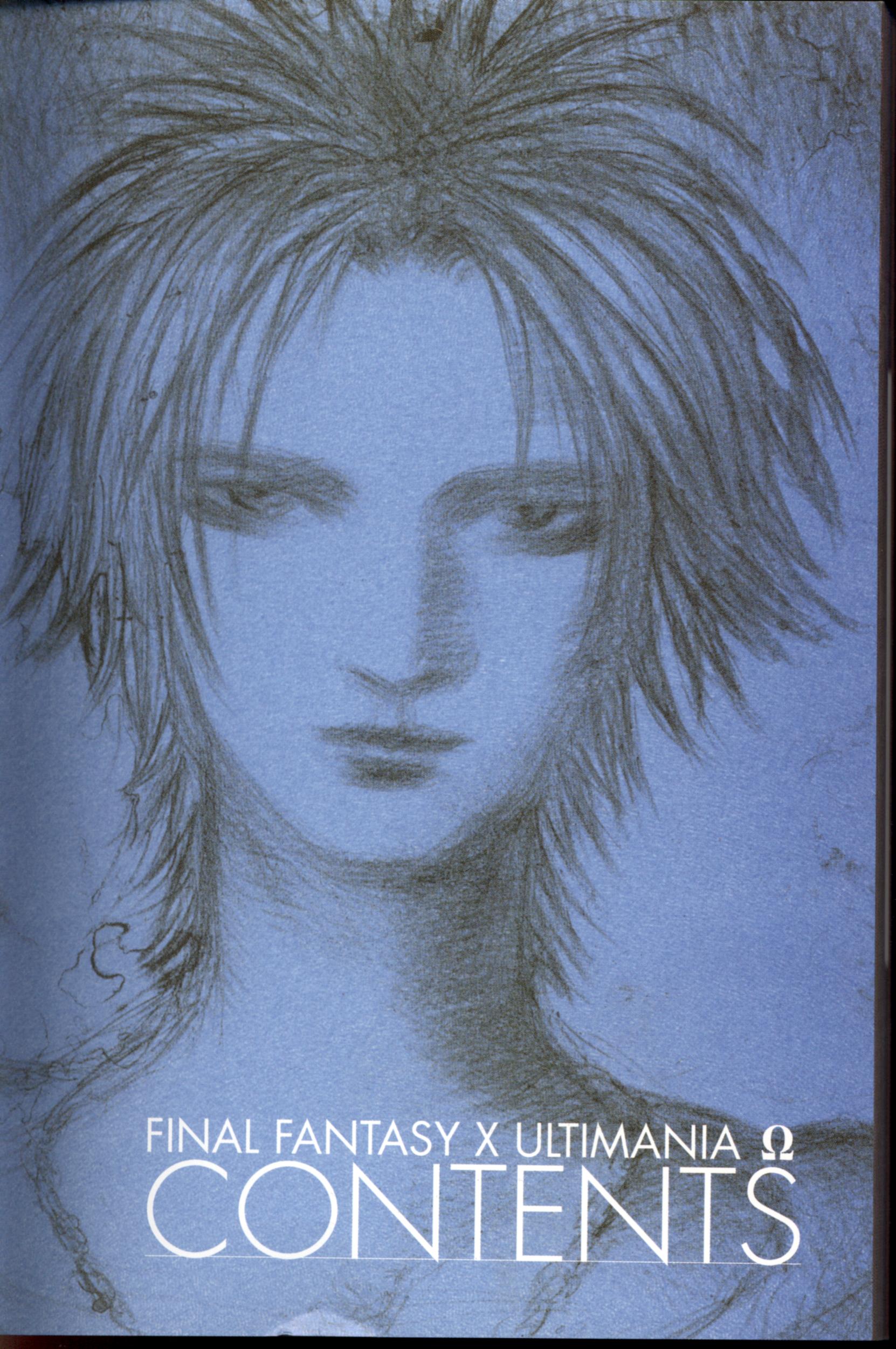 amano yoshitaka, tidus, final fantasy, final fantasy x, absurdres, highres, official art, 00s, 1boy, blue theme, male focus, monochrome, solo