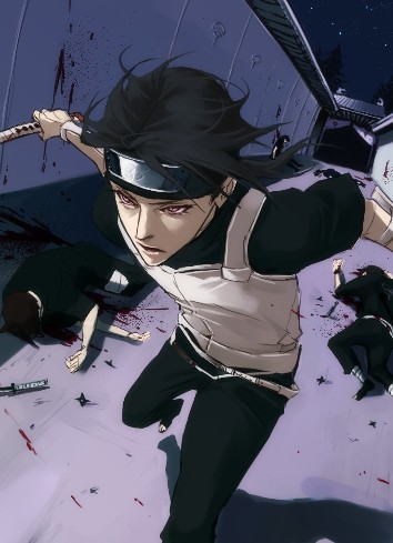 lily (artist), uchiha itachi, naruto (classic), naruto (series), lowres, aged down, architecture, black hair, blood, east asian architecture, male focus, outdoors, running, shuriken, solo focus, weapon