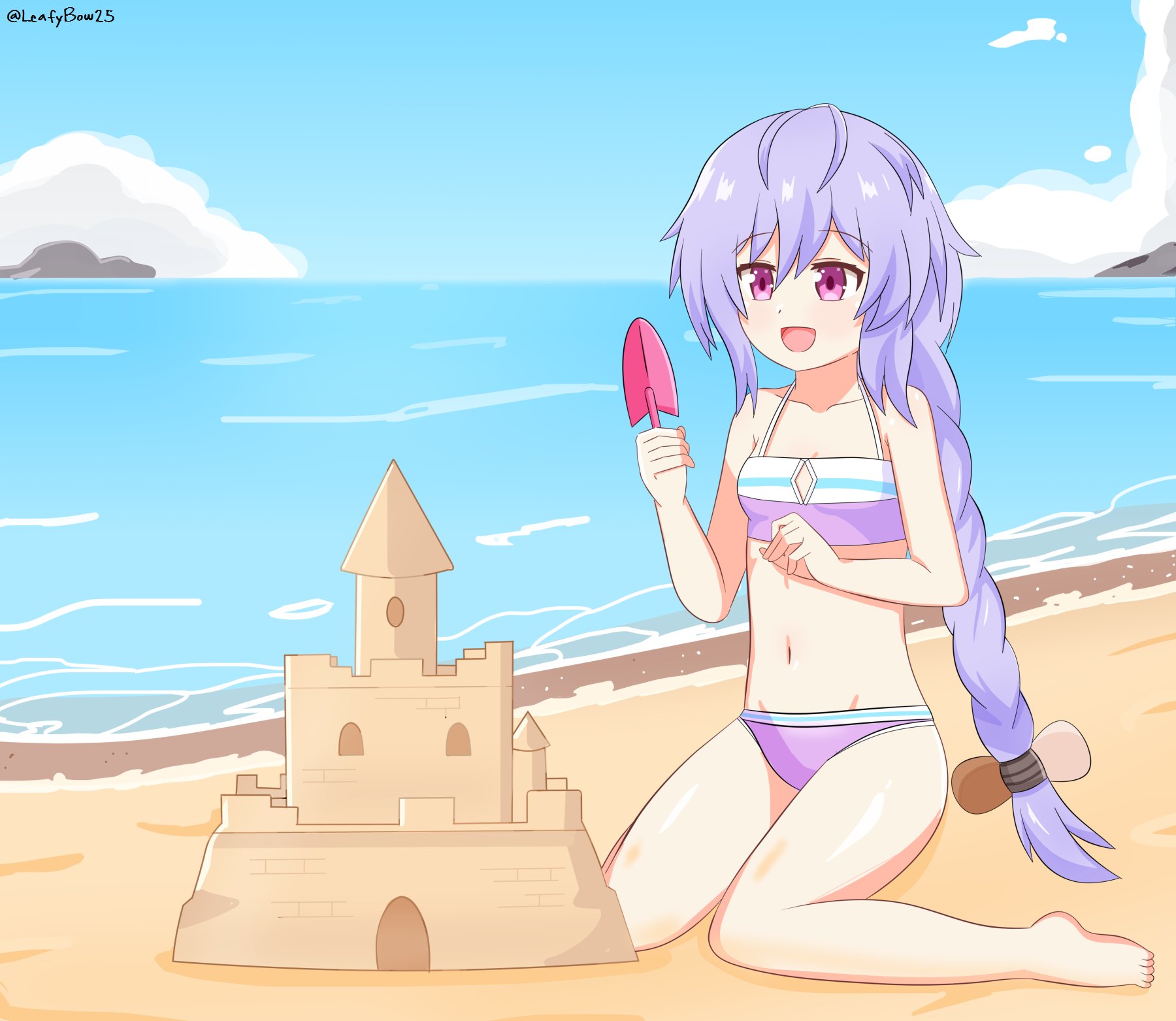 pururut, neptune (series), commentary, english commentary, highres, 1girl, artist name, barefoot, beach, bikini, blue sky, bow, cloud, day, feet, hair bow, holding, holding shovel, leafybow25, long hair, navel, ocean, open mouth, outdoors, purple hair, sand, sand castle, sand sculpture, shovel, sky, solo, swimsuit, toes, water