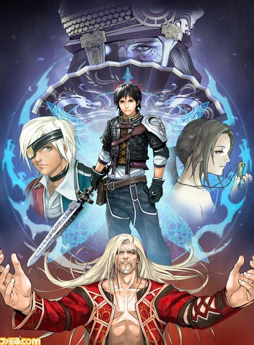 david nassau, irina sykes, rush sykes, the conqueror, the last remnant, 1girl, 4boys, eyepatch, hand fan, multiple boys, sword, wagram, weapon