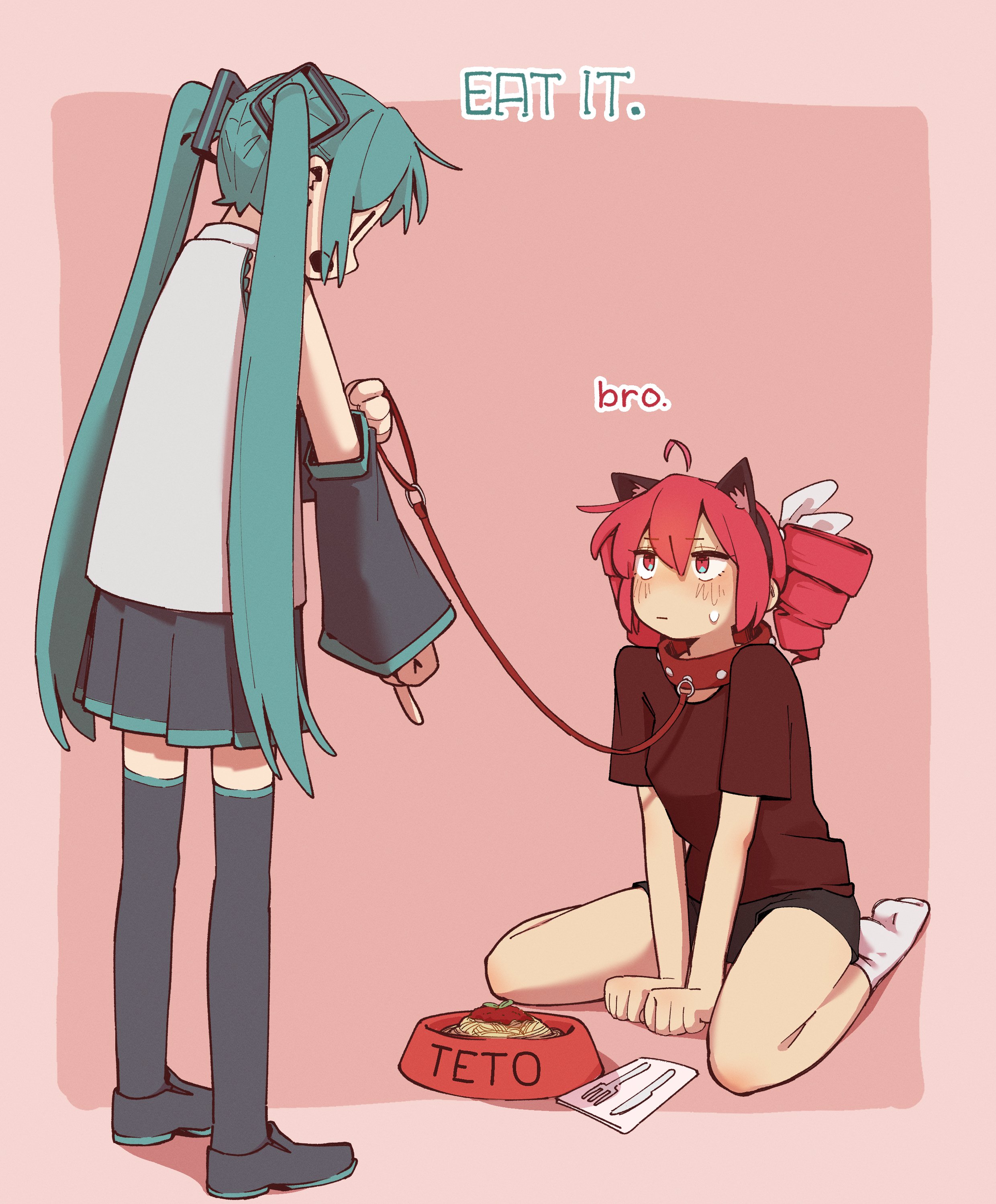 machuuu68, hatsune miku, kasane teto, utau, vocaloid, absurdres, commentary request, highres, 2girls, alternate costume, animal ear hairband, animal ears, ankle socks, aqua hair, arm warmers, black arm warmers, black shoes, black shorts, black skirt, black thighhighs, blush, border, bow, bowl, cat ear hairband, cat ears, character name, collar, collared shirt, double-parted bangs, drill hair, english text, fake animal ears, food, fork, full body, hair between eyes, hair bow, hairband, holding, holding leash, knife, leash, long hair, looking at another, multiple girls, open mouth, outside border, pasta, pet bowl, pleated skirt, red background, red border, red collar, red eyes, red hair, red shirt, shirt, shoes, short shorts, shorts, sidelocks, simple background, sitting, skirt, sleeveless, sleeveless shirt, socks, spaghetti, standing, sweat, t-shirt, thighhighs, twin drills, twintails, very long hair, white bow, white shirt, white socks, yuri