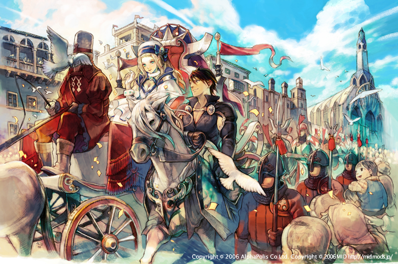 mid (midlibro), rain (rain), rain (alphapolis), 1girl, 6+boys, building, city, cloud, day, flag, horse, horseback riding, multiple boys, riding, sky, smile, soldier