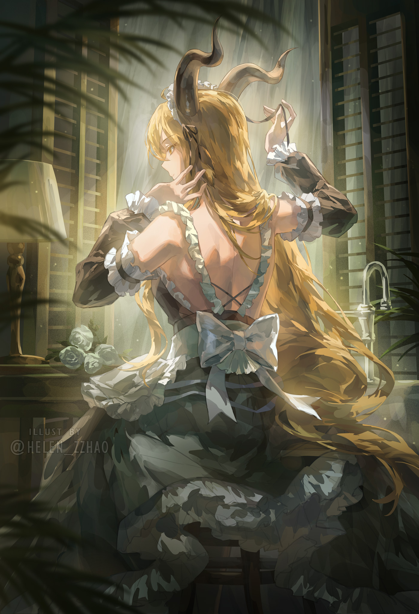 helen zzhao, degenbrecher (arknights), arknights, commentary, english commentary, highres, 1girl, alternate costume, back bow, bare back, bare shoulders, black dress, black ribbon, black sleeves, blonde hair, bow, brown horns, closed mouth, curled horns, detached sleeves, dress, enmaided, frilled dress, frilled sleeves, frills, from behind, hair ribbon, horns, indoors, lamp, light particles, long hair, long sleeves, maid, maid headdress, median furrow, plant, profile, ribbon, sitting, solo, twitter username, tying ribbon, watermark, white bow, yellow eyes