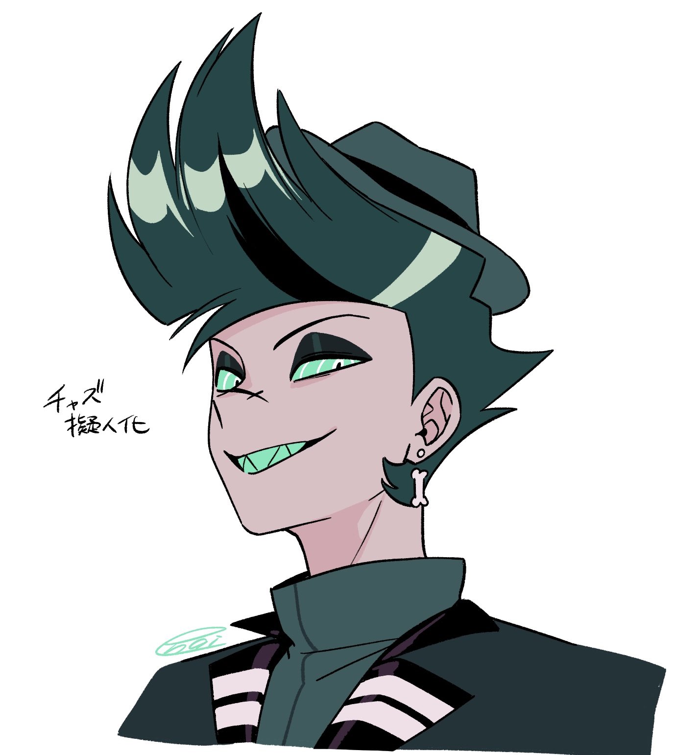 menma (enaic31), hellaverse, helluva boss, commentary request, highres, translation request, 1boy, :d, black eyeshadow, black hair, black jacket, bone earrings, chazwick thurman (helluva boss), colored sclera, colored teeth, cowboy hat, cropped shoulders, earrings, eyeshadow, from below, green hair, green sclera, green shirt, grey hat, grin, hair behind ear, hat, humanization, jacket, jewelry, lapels, makeup, male focus, multicolored hair, open clothes, open jacket, open mouth, ringed eyes, scar, scar on face, scar on nose, sharp teeth, shirt, short hair, signature, simple background, smile, solo, streaked hair, teeth, turtleneck, turtleneck shirt, two-tone hair, v-shaped eyebrows, very short hair, white background, white eyes