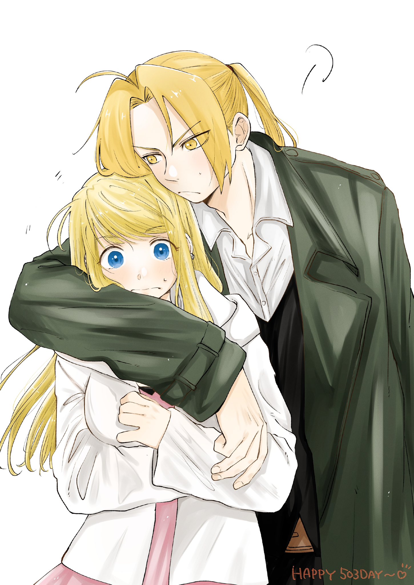 hare87073434281, edward elric, kawashiro nitori, kawashiro nitori (white kappa of pristine water), winry rockbell, fullmetal alchemist, highres, 1boy, 1girl, ahoge, arm around neck, black vest, blonde hair, blue eyes, blush, breasts, collared shirt, couple, dress, earrings, frown, furrowed brow, grey jacket, hetero, hug, hug from behind, jacket, jewelry, long hair, medium breasts, parted bangs, pink dress, ponytail, shirt, sidelocks, suit jacket, sweatdrop, upper body, vest, waistcoat, white background, white shirt, yellow eyes
