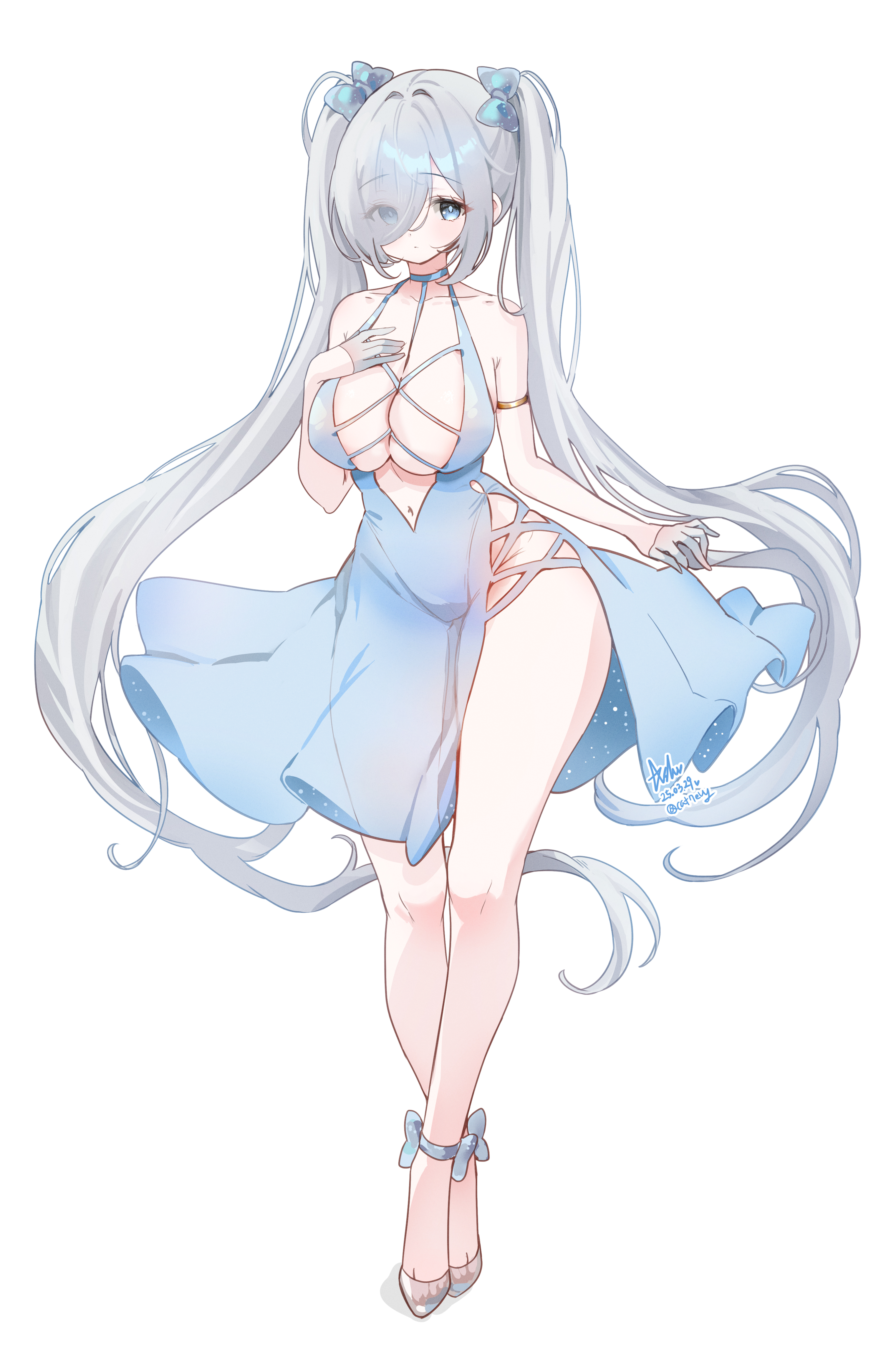 ash (cat7evy), cinderella (glass princess) (nikke), cinderella (nikke), goddess of victory: nikke, gold armlet, absurdres, commentary, english commentary, highres, ||/, ankle ribbon, blue bow, blue dress, blue eyes, bow, breasts, closed mouth, collarbone, dated, dot nose, dress, eyes visible through hair, feet, forehead, frilled dress, frills, full body, glass slipper, gloves, hair bow, hair ornament, half gloves, hand on own chest, high heels, large breasts, leg ribbon, legs, legs together, long hair, looking at viewer, navel, official alternate costume, parted bangs, ribbon, see-through clothes, see-through footwear, side slit, signature, standing, thighs, toes, twintails, twitter username, white background, white gloves