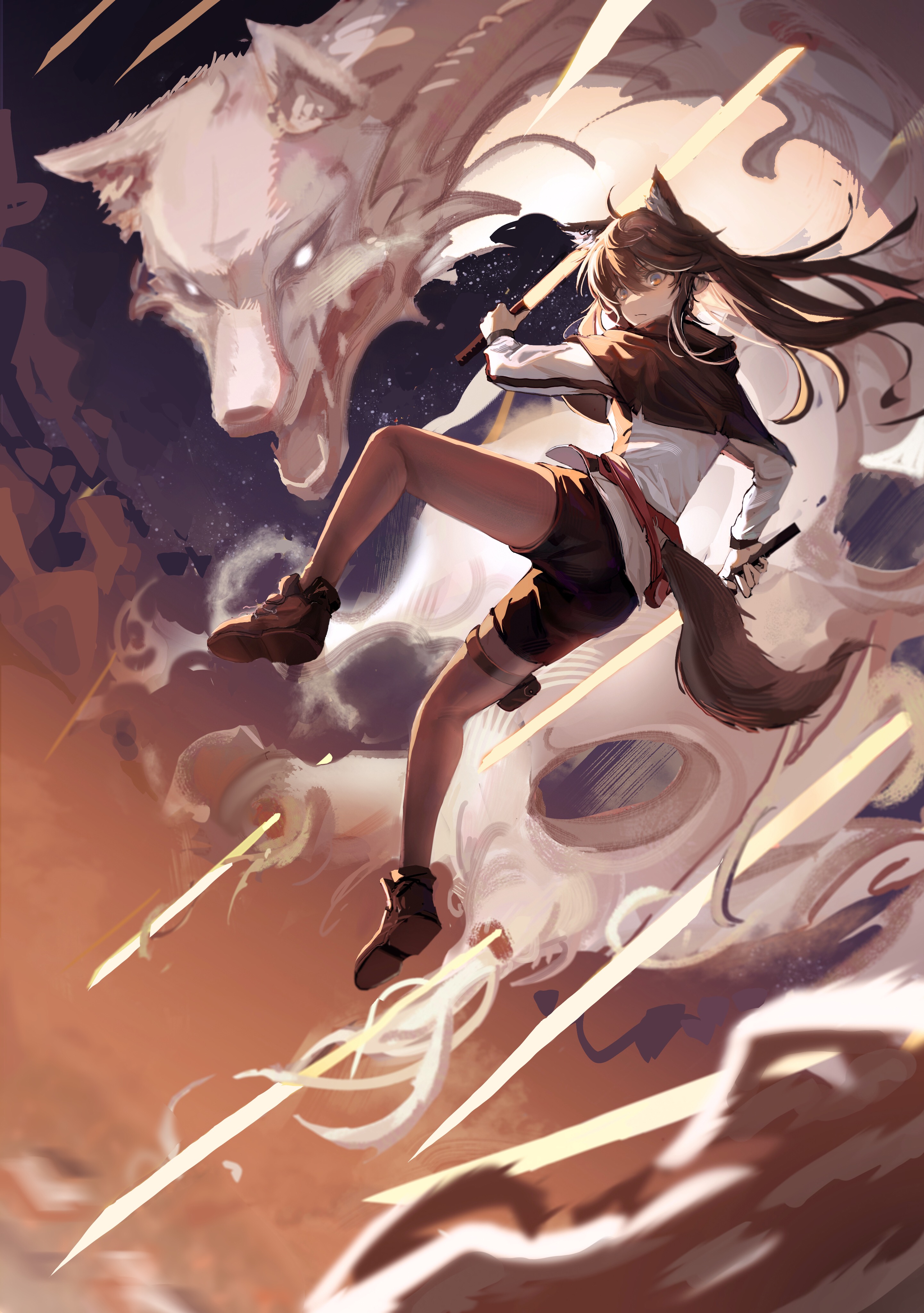 polaris (user rdgx7257), texas (arknights), arknights, absurdres, chinese commentary, commentary request, highres, 1girl, ahoge, animal ear fluff, animal ears, ankle boots, black shorts, boots, brown boots, brown capelet, brown hair, brown tail, capelet, closed mouth, clothing cutout, dual wielding, flying, full body, grey eyes, hair between eyes, holding, holding sword, holding weapon, jacket, long hair, long sleeves, looking down, multicolored eyes, orange eyes, pouch, shoe soles, short shorts, shorts, solo, spirit, star (sky), sword, tail, tail through clothes, thigh pouch, thigh strap, two-tone eyes, weapon, white jacket, wolf ears, wolf girl, wolf tail
