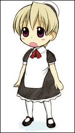 flandre (kaibutsu oujo), kaibutsu oujo, lowres, source request, 00s, 1girl, android, blonde hair, female focus, full body, maid, shoes, solo, standing, white background