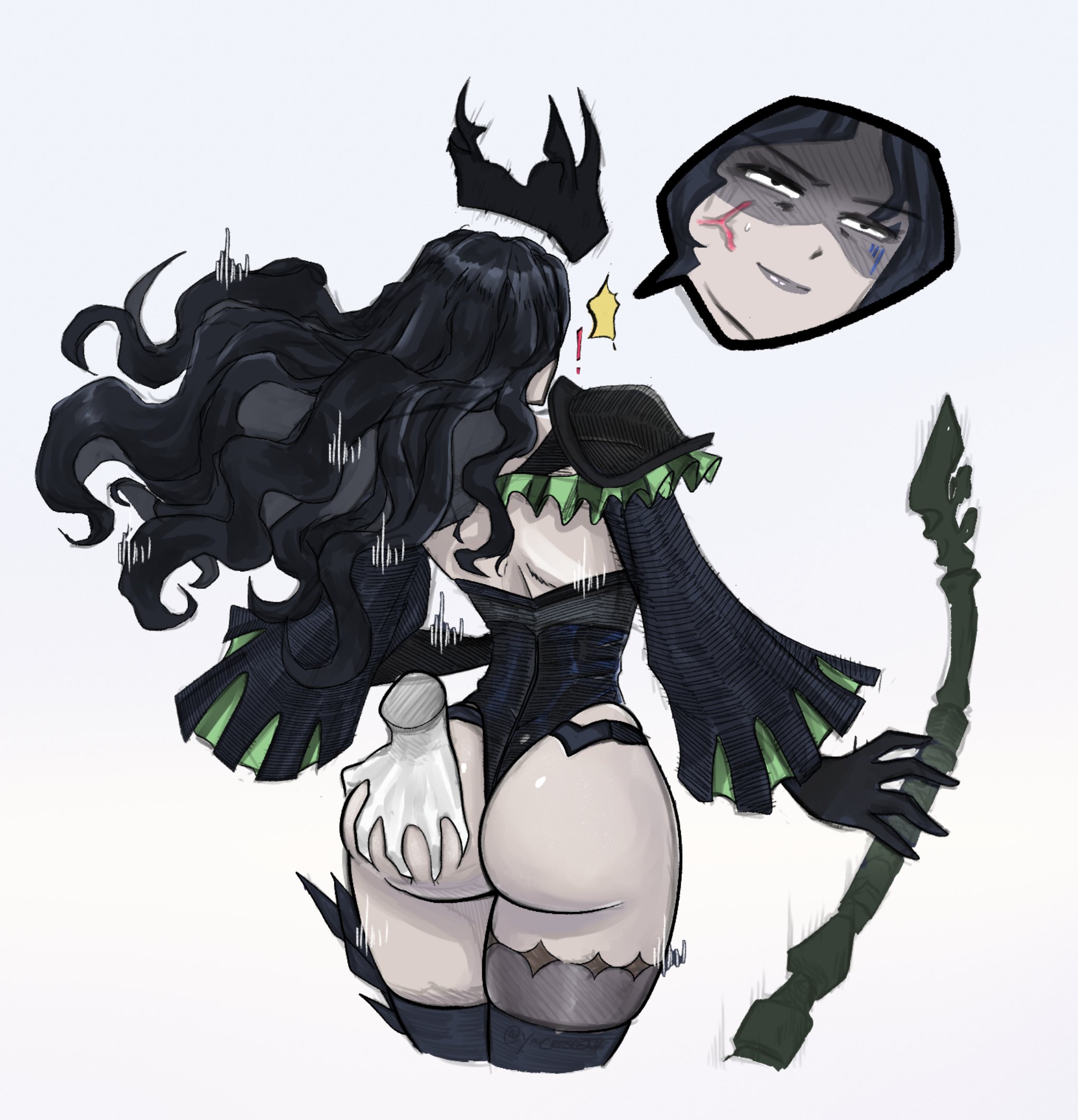 yincrescent, afk (series), afk journey, highres, 1girl, 1other, anger vein, ass, black gloves, black hair, black leotard, black lips, bonnie (afk), gloves, grabbing another's ass, green eyes, groping, hair between eyes, hat, holding, leotard, long hair, pale skin, smile, standing, thighhighs, top hat, undead, weapon, wide hips