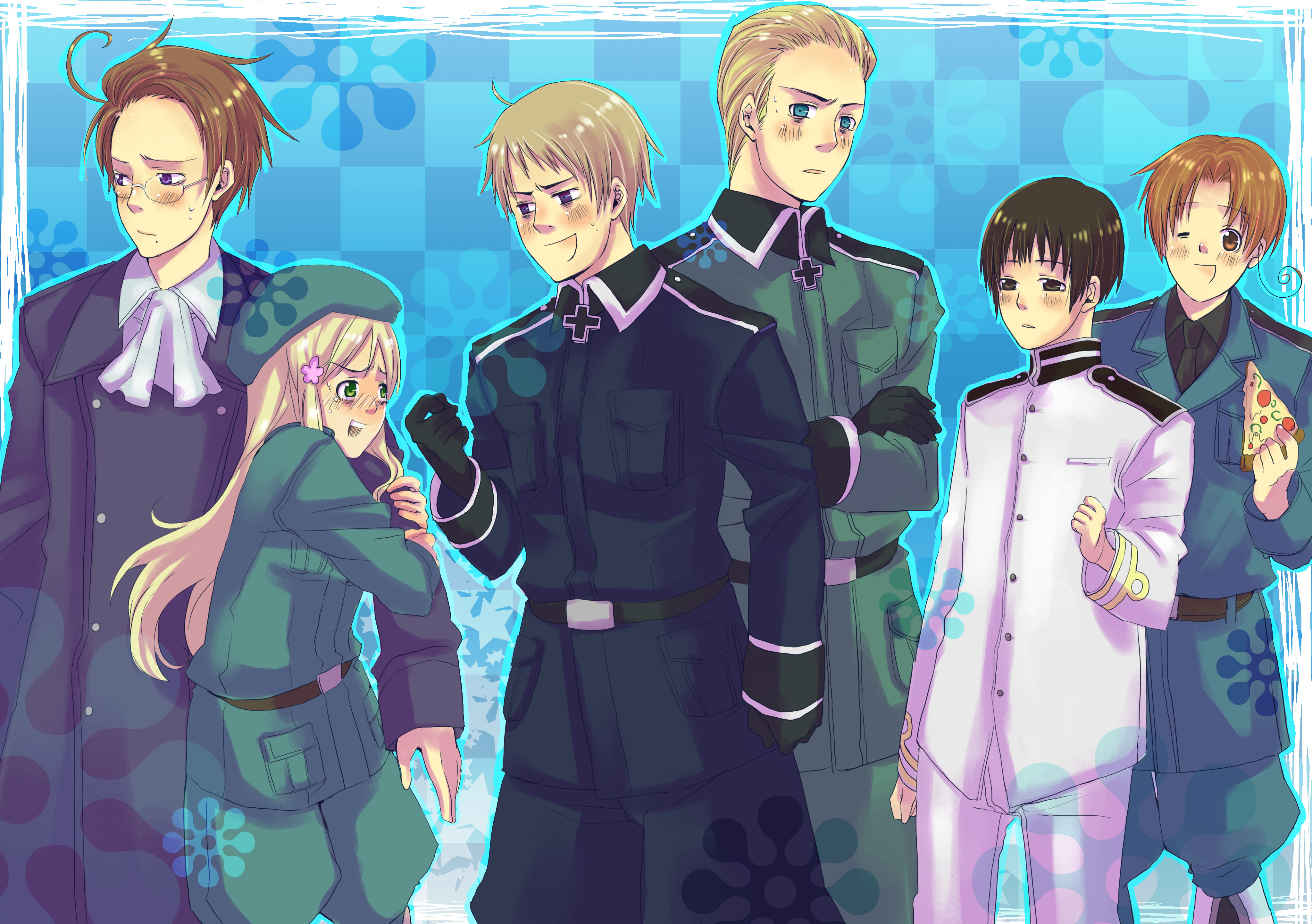 mushi kei, austria (hetalia), germany (hetalia), hungary (hetalia), japan (hetalia), northern italy (hetalia), prussia (hetalia), axis powers hetalia, absurdres, bad id, highres, 00s, 1girl, 5boys, ahoge, arguing, beret, blonde hair, blue eyes, brown eyes, brown hair, flower, food, gloves, green eyes, hair ornament, hairclip, hat, military, military uniform, multiple boys, one eye closed, pizza, purple eyes, wink, world war ii