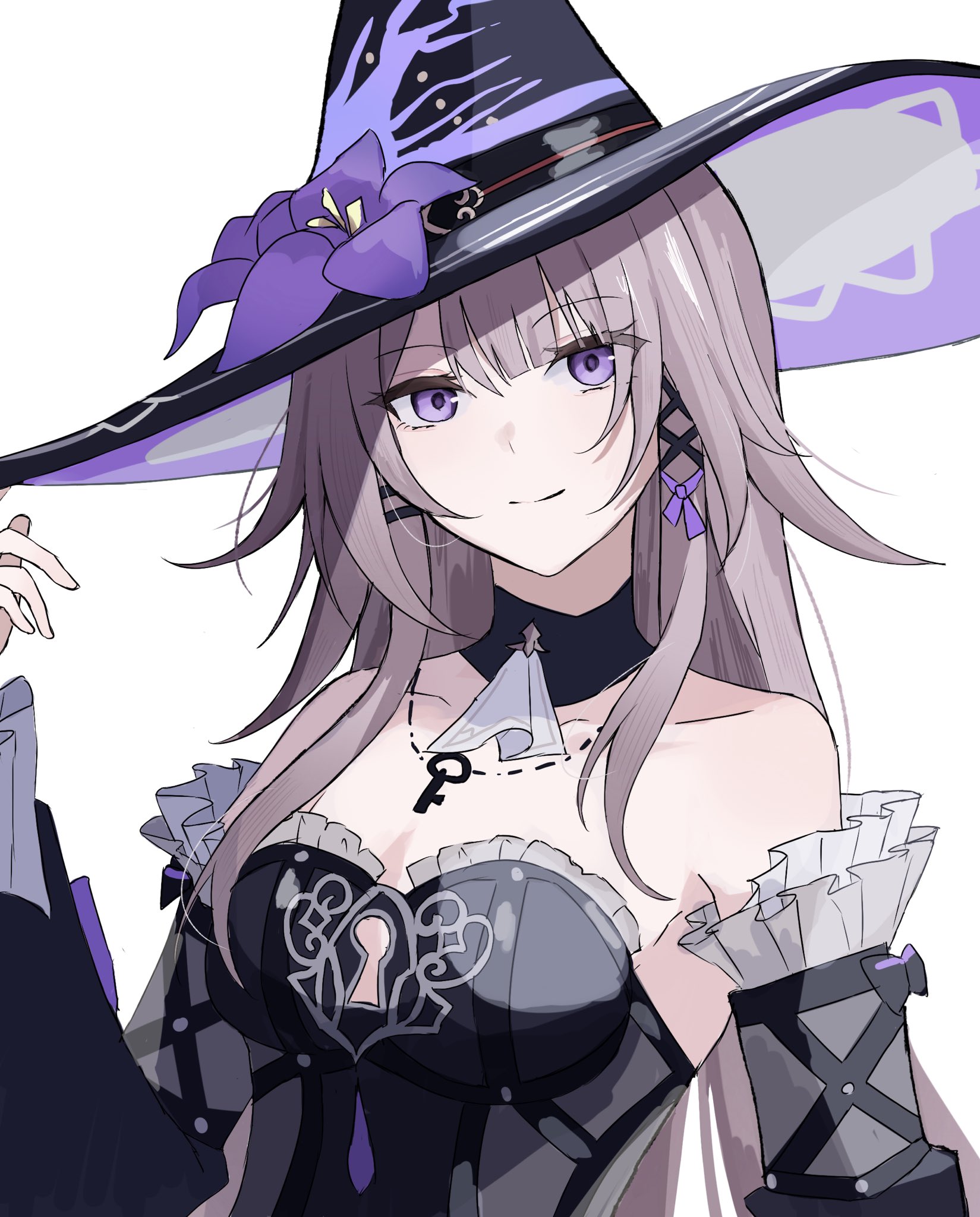 961 kuru, herta (honkai: star rail), the herta (honkai: star rail), honkai: star rail, honkai (series), highres, 1girl, ascot, bare shoulders, black choker, black dress, black hat, breasts, choker, collarbone, detached sleeves, dress, flower, frilled sleeves, frills, grey hair, hat, hat flower, long hair, long sleeves, looking at viewer, purple eyes, purple flower, simple background, small breasts, smile, solo, strapless, strapless dress, upper body, very long hair, white ascot, white background, witch hat