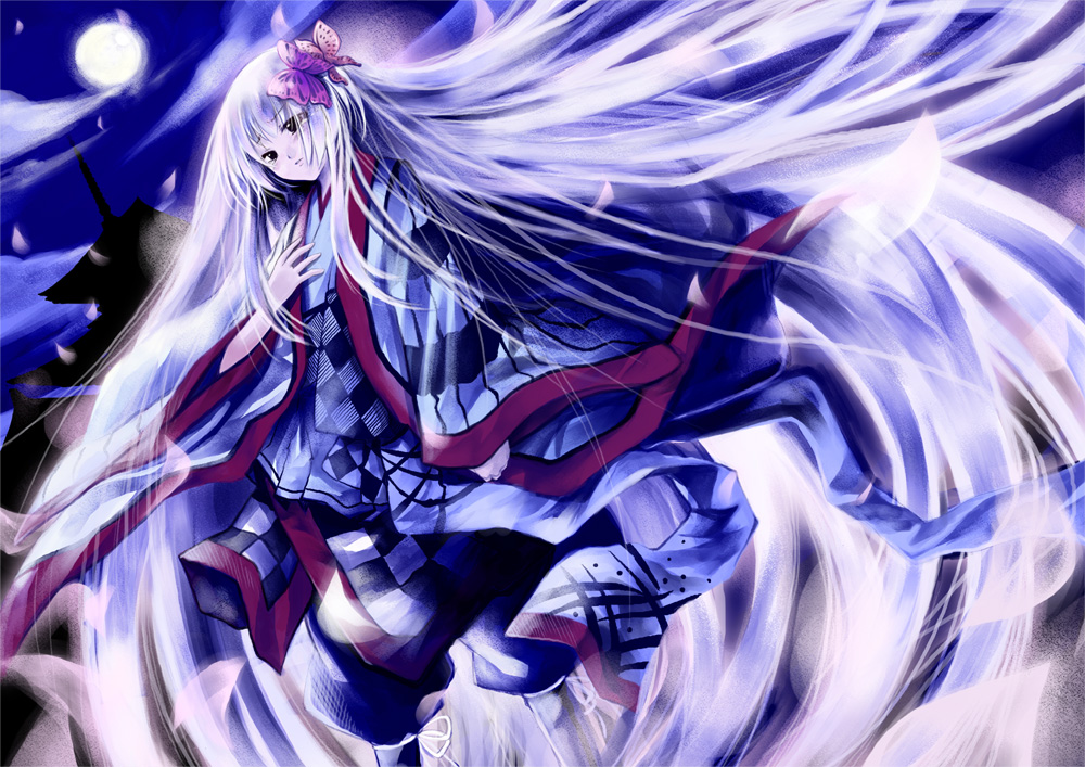 kaedena akino, miyabi akino, original, 1girl, female focus, japanese clothes, long hair, moon, night, solo, very long hair, white hair