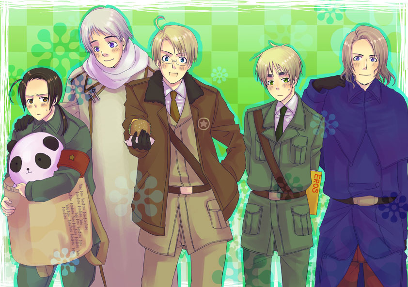 mushi kei, america (hetalia), china (hetalia), france (hetalia), russia (hetalia), united kingdom (hetalia), axis powers hetalia, bad id, bad pixiv id, 00s, 5boys, ahoge, armband, averting eyes, beige hair, belt, burger, coat, food, glasses, jacket, male focus, military, military jacket, military uniform, multicolored coat, multiple boys, necktie, panda, red armband, sam browne belt, two-tone coat