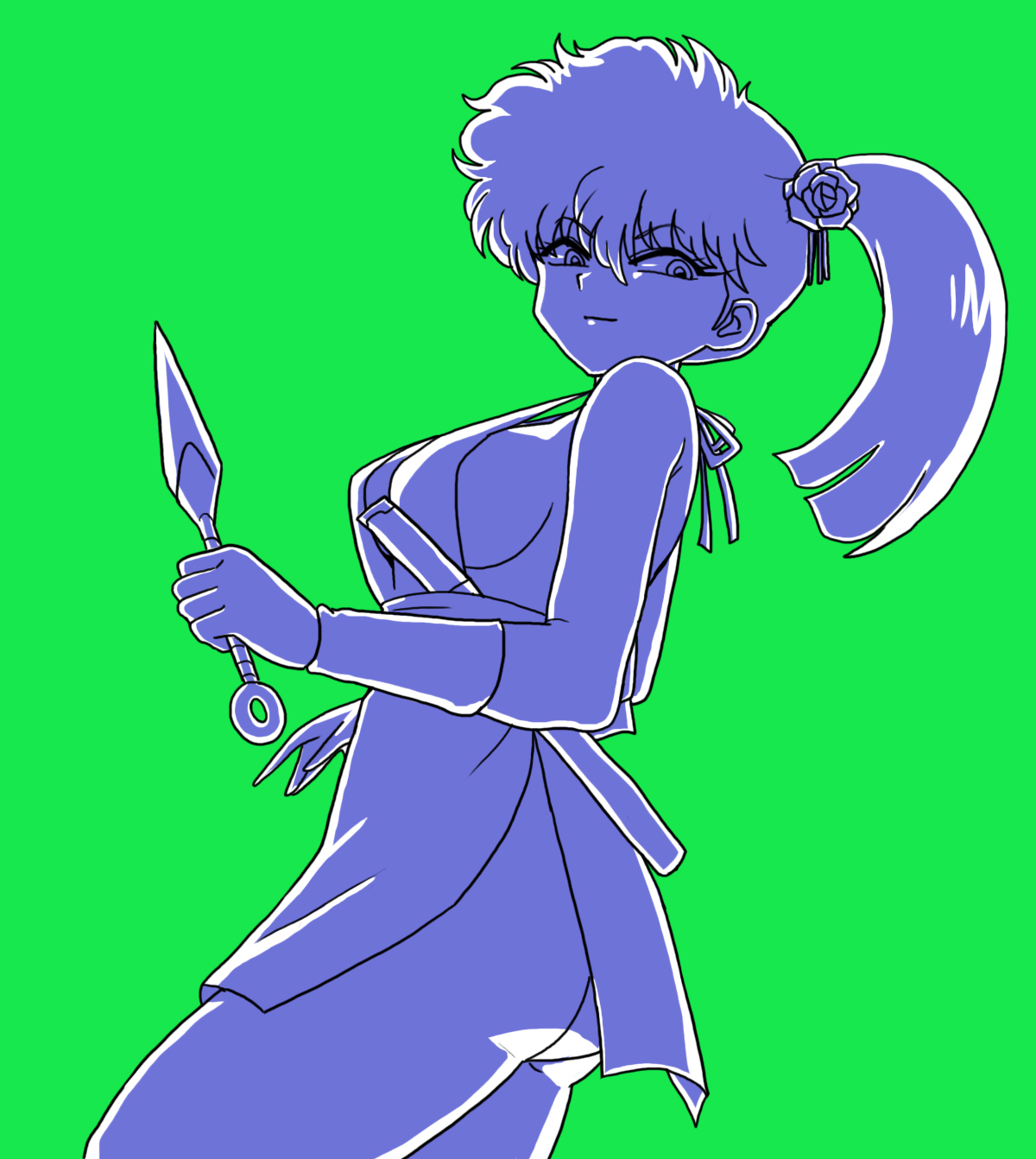 wanta (futoshi), kunou kodachi, ranma 1/2, highres, 1girl, ass, breasts, flower, green background, hair between eyes, hair flower, hair ornament, kunai, looking at viewer, medium breasts, monochrome, ponytail, solo, standing, weapon
